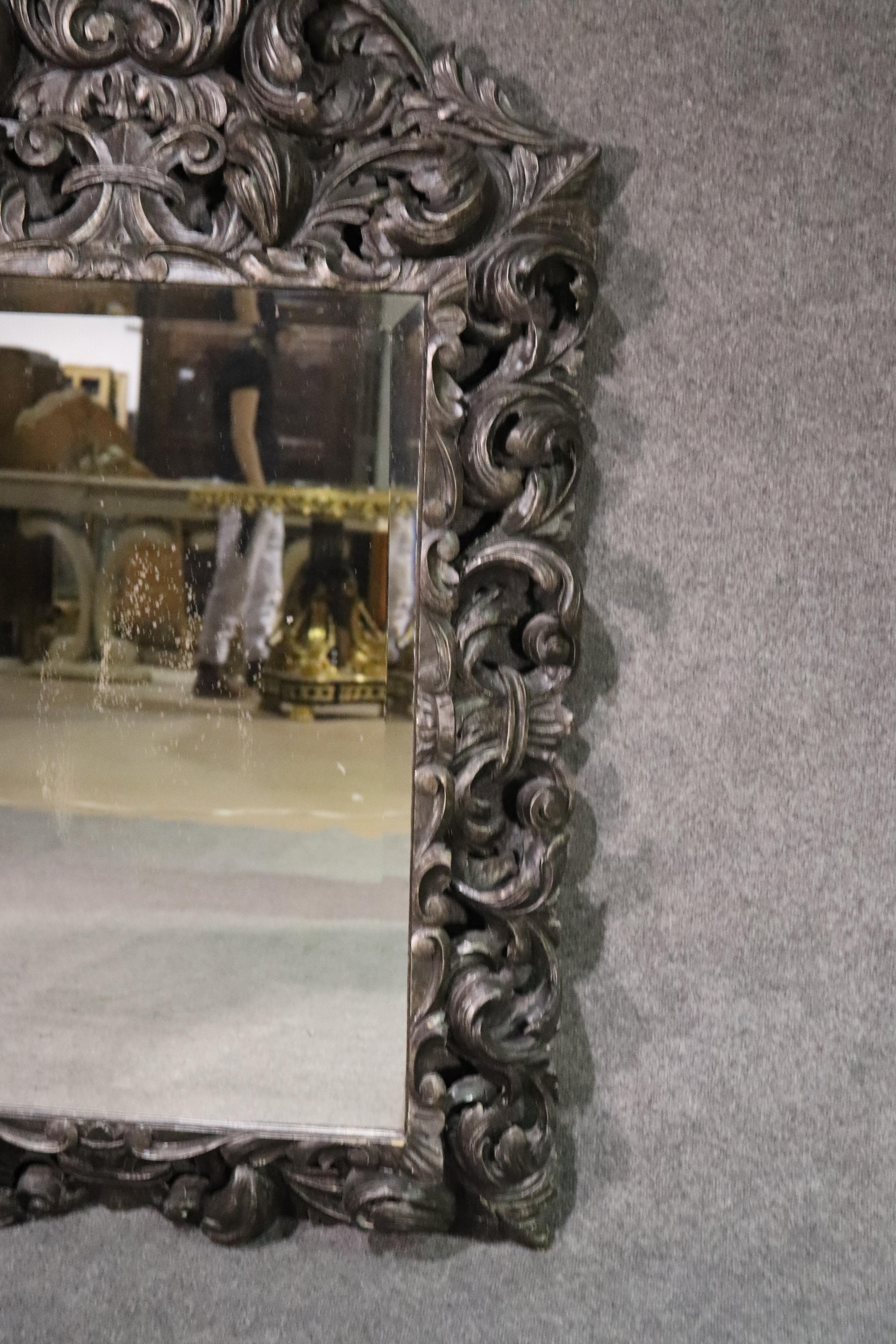 Mid-20th Century Carved Italian Florentine Venetian Rococo Solid Walnut Beveled Glass Mirror