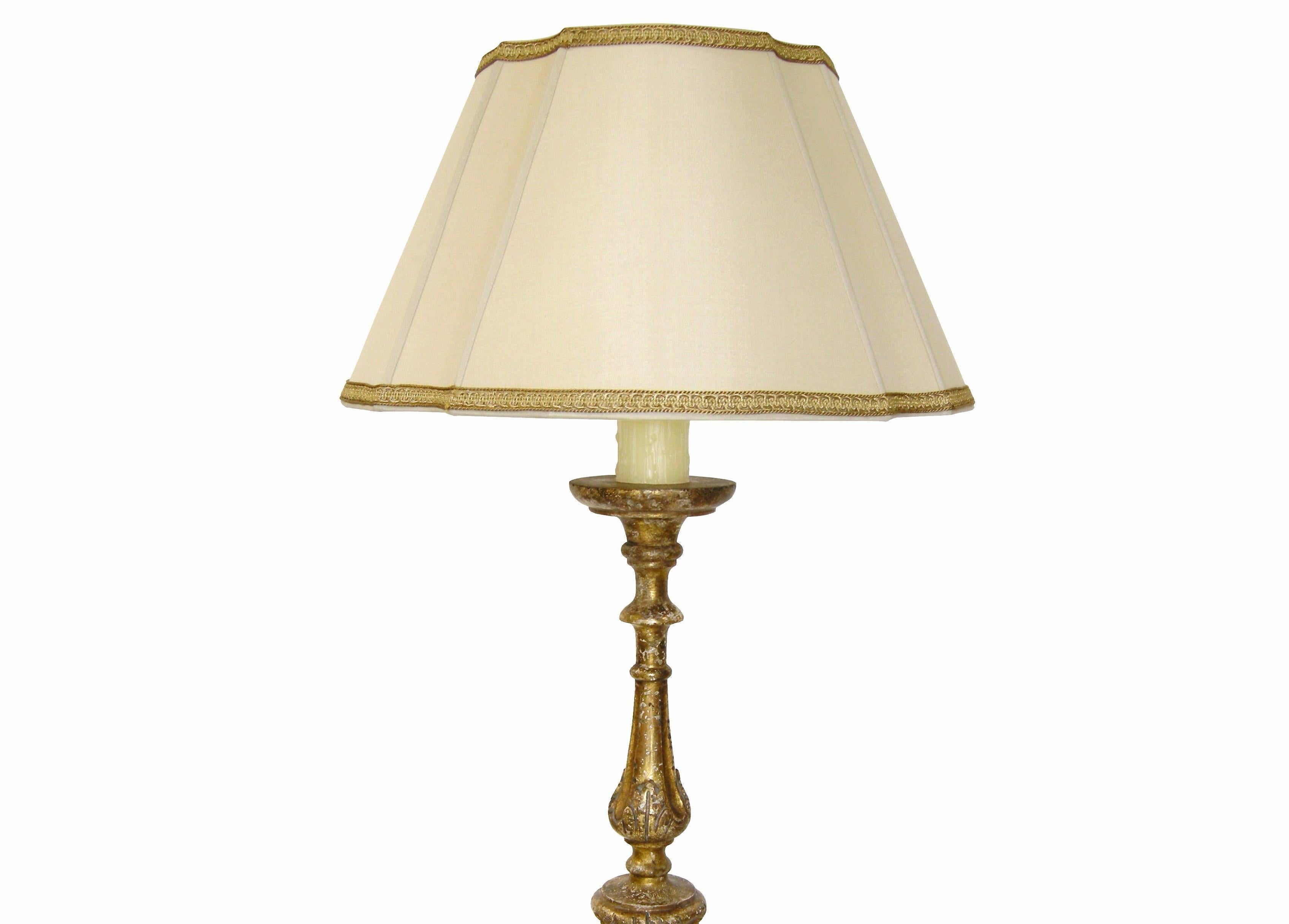 Carved Italian giltwood Bellini Pricket table lamp by Randy Esada designs.