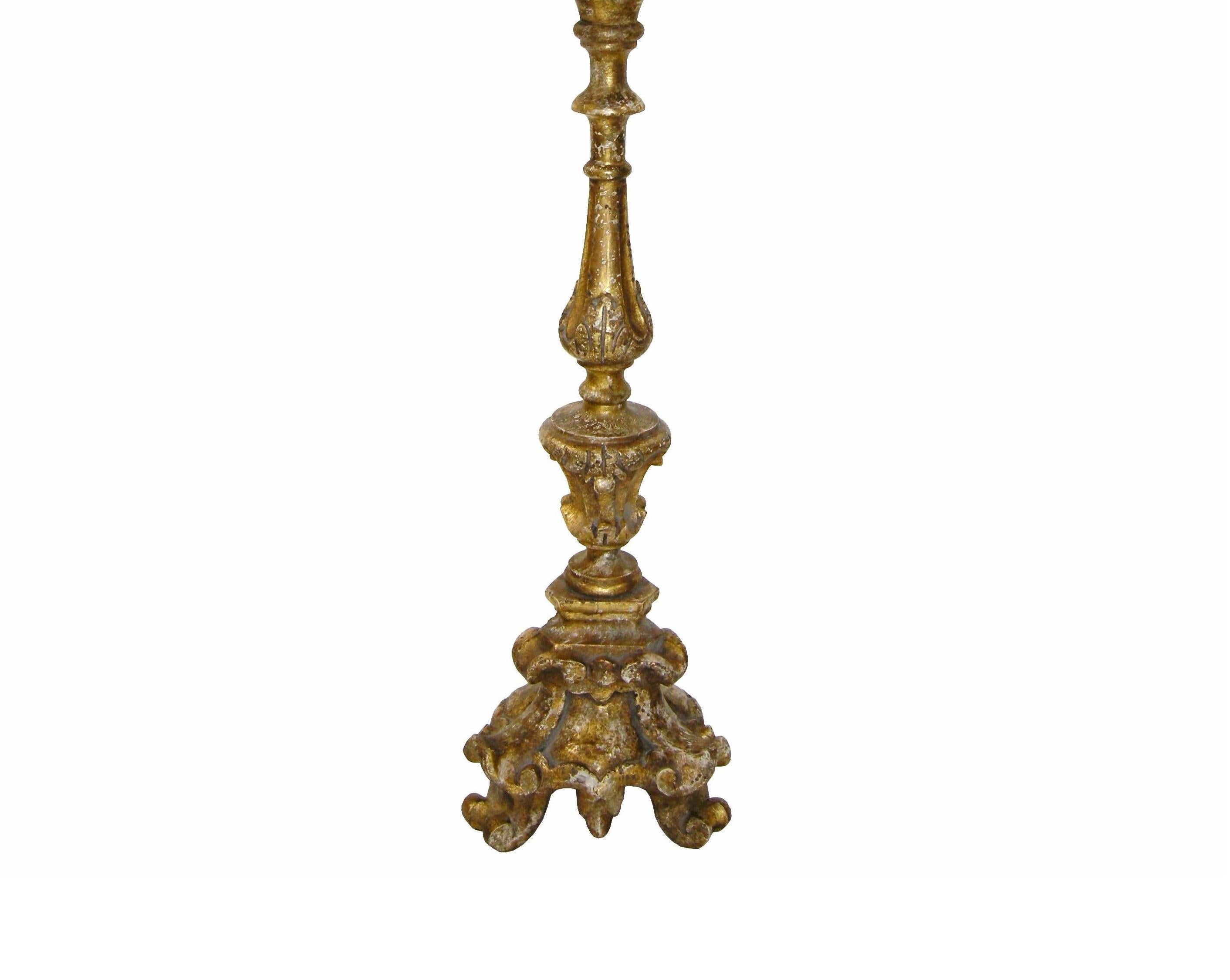 Louis XVI Carved Italian Giltwood Bellini Pricket Table Lamp by Randy Esada Designs For Sale