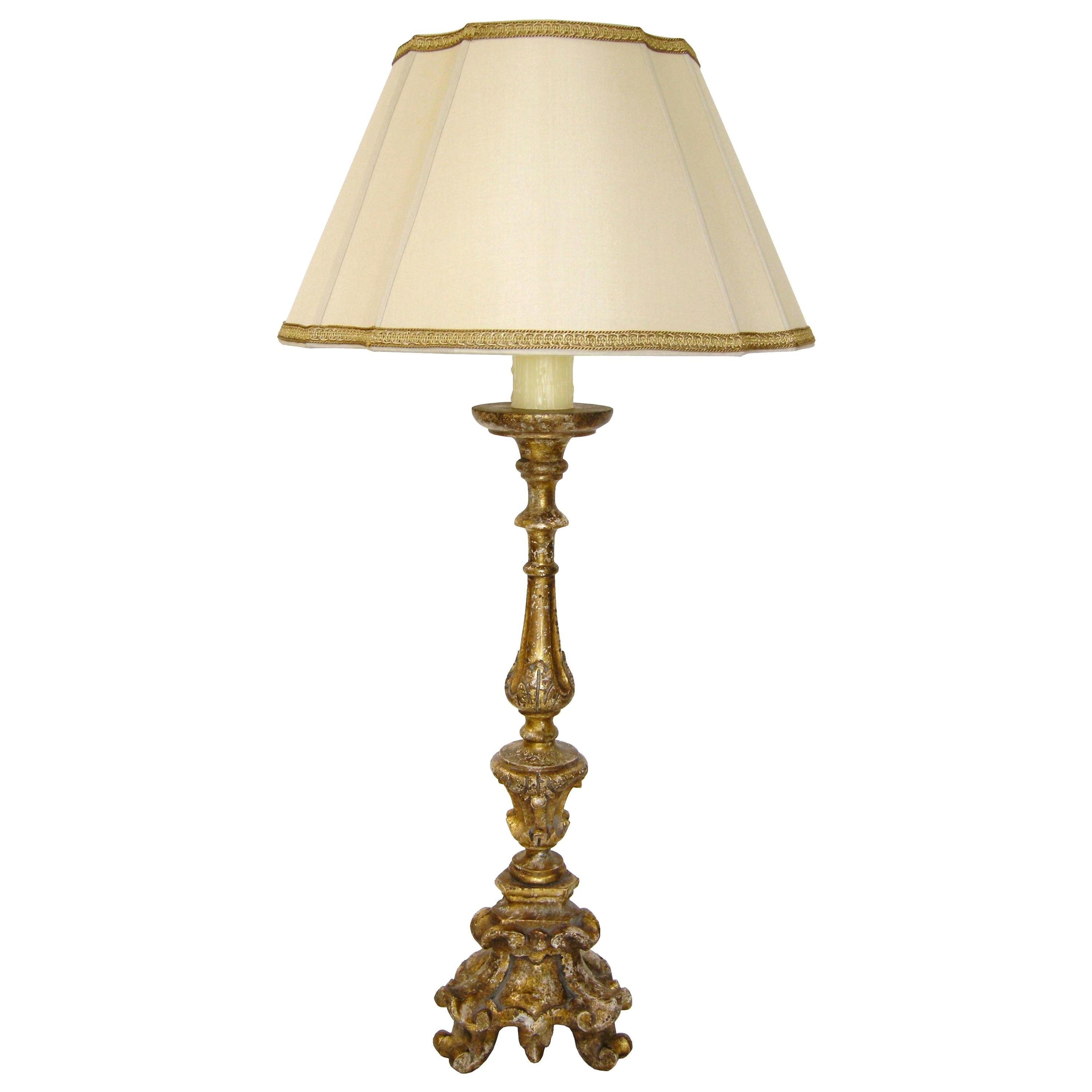 Carved Italian Giltwood Bellini Pricket Table Lamp by Randy Esada Designs For Sale