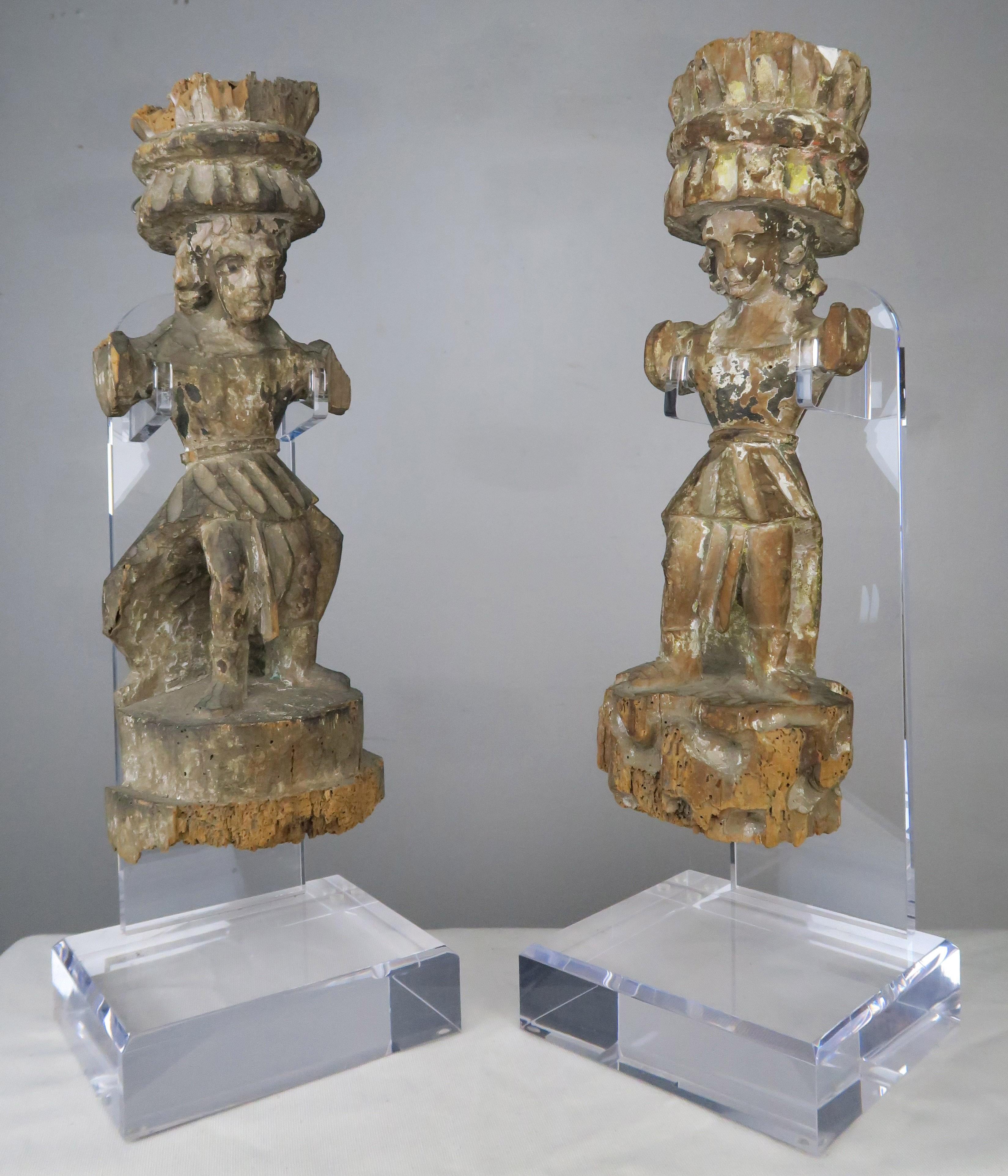 Classical Roman Carved Italian Gilt Wood Figures on Lucite Stands
