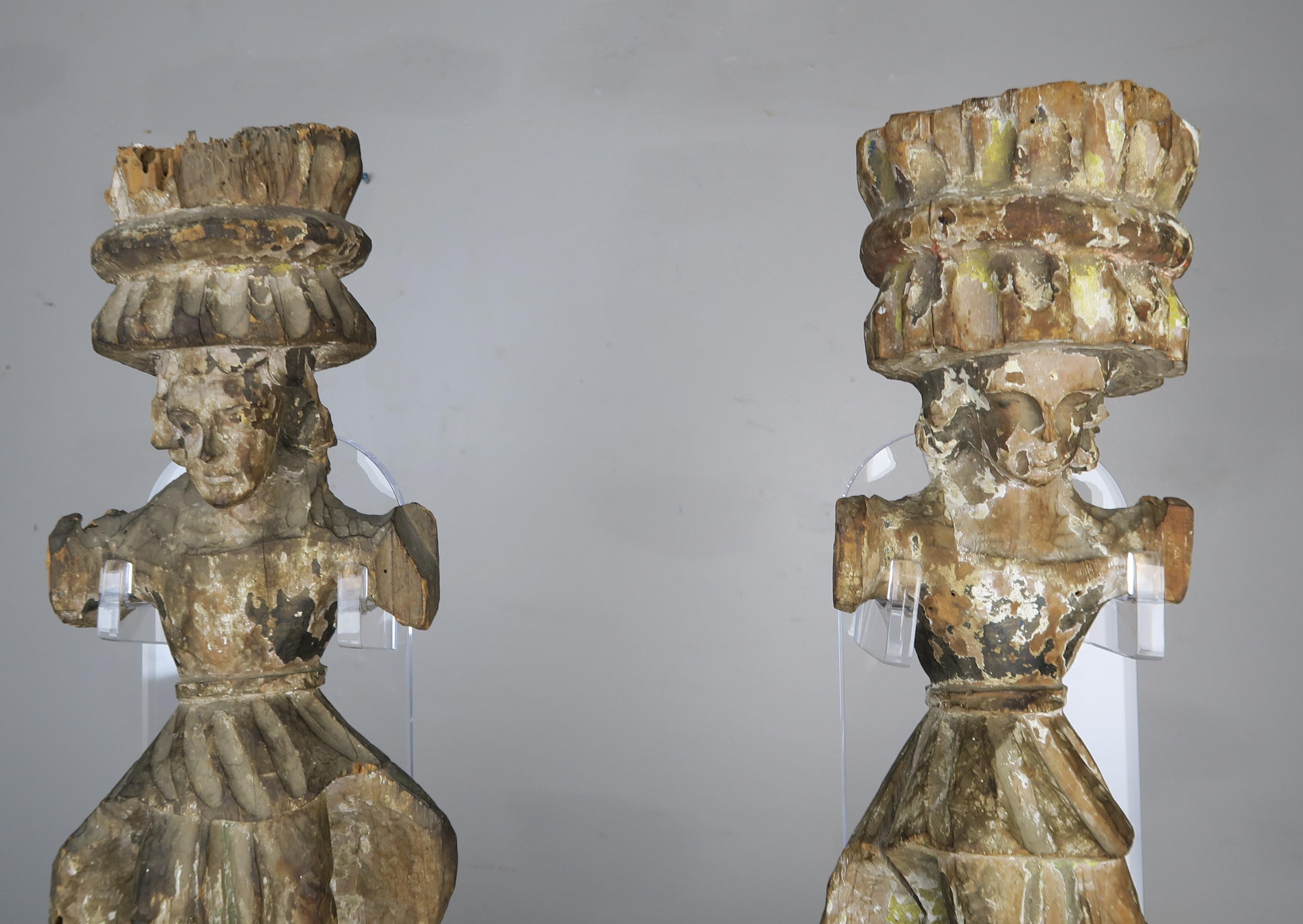 Carved Italian Gilt Wood Figures on Lucite Stands In Distressed Condition In Los Angeles, CA