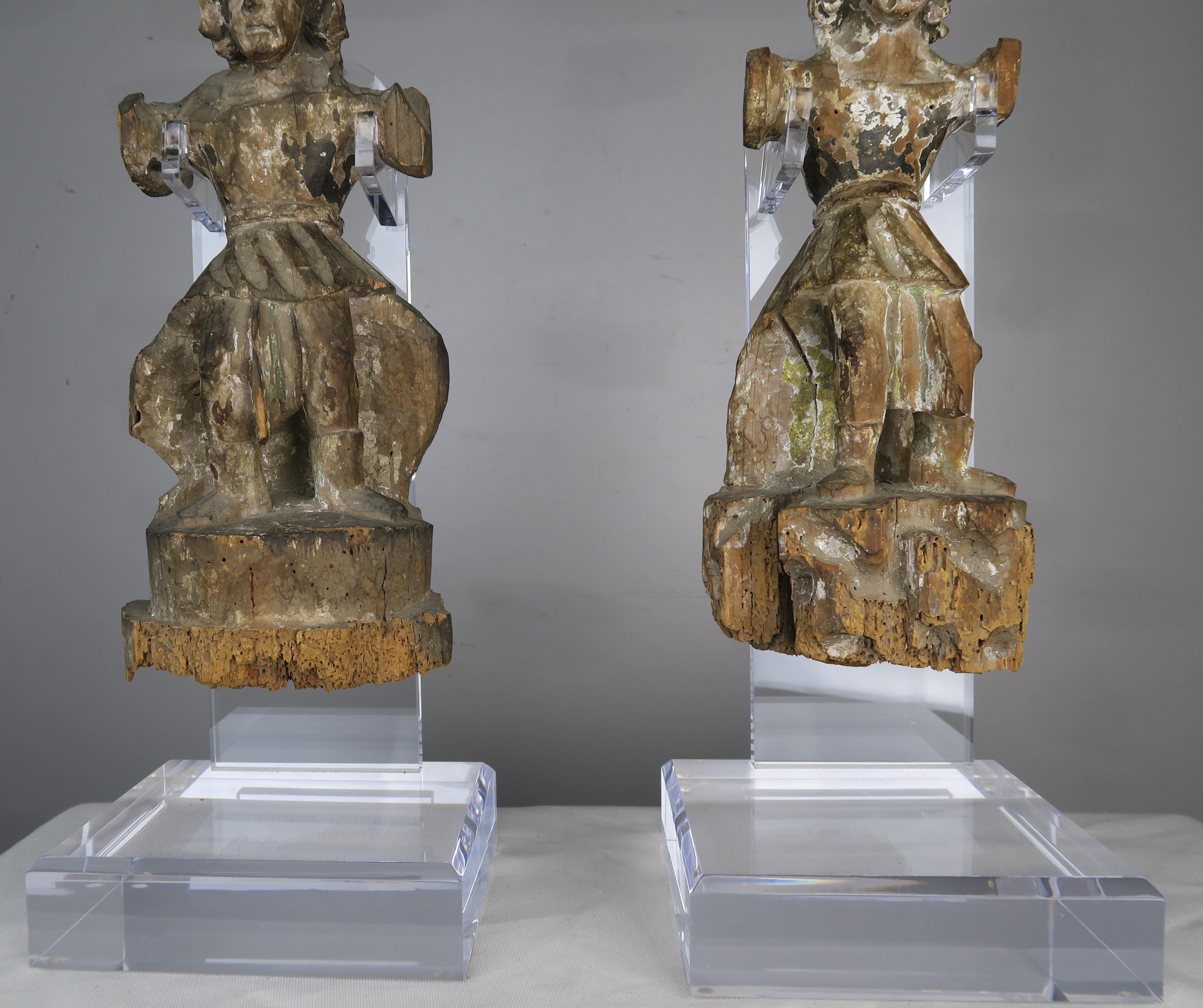 19th Century Carved Italian Gilt Wood Figures on Lucite Stands