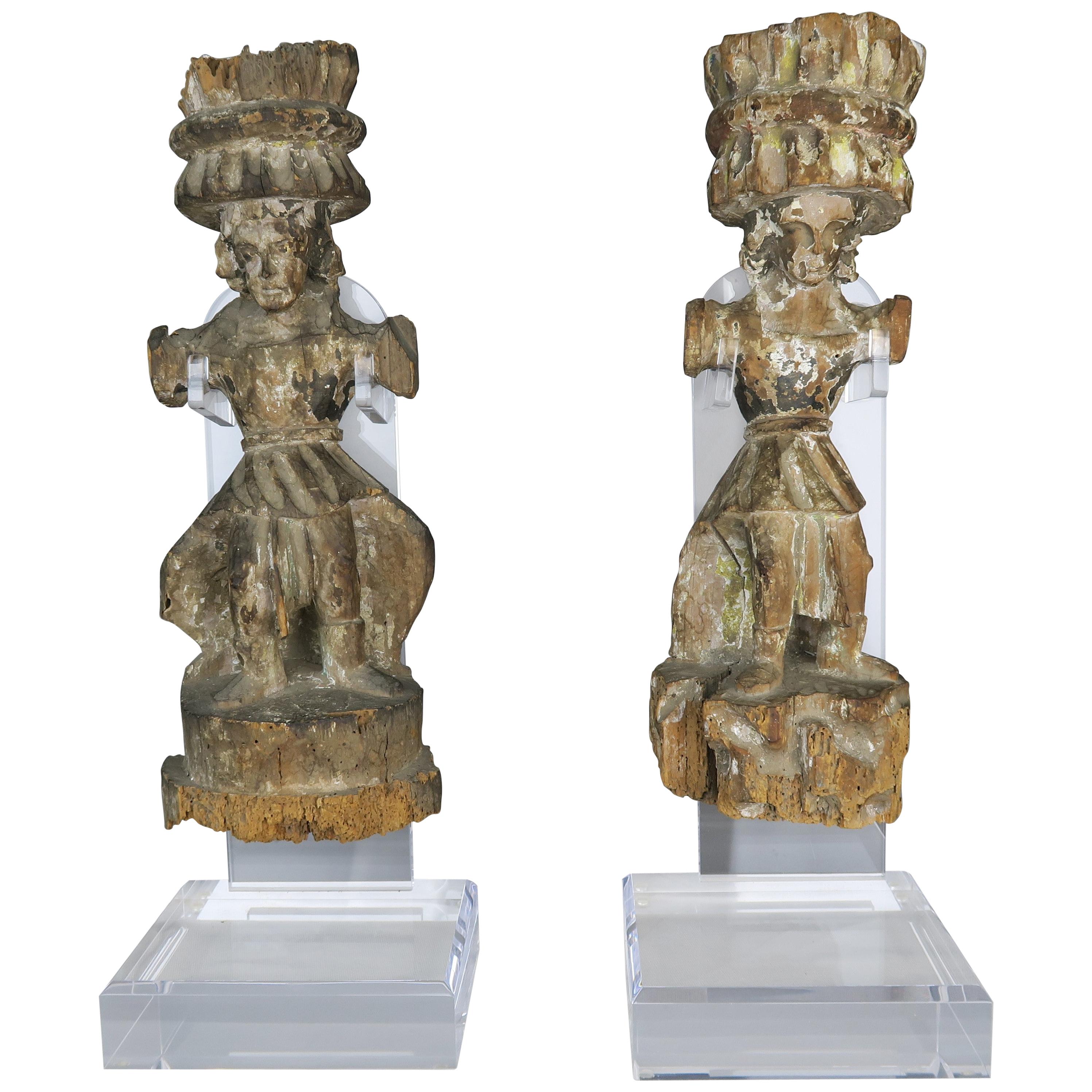 Carved Italian Gilt Wood Figures on Lucite Stands