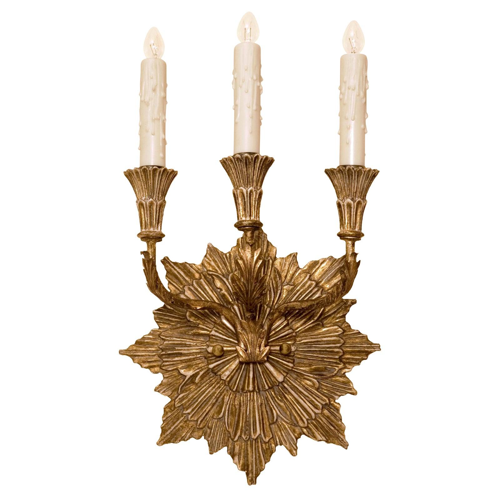 Empire Carved Italian Giltwood Three-Arm Sconce by Randy Esada Designs For Sale