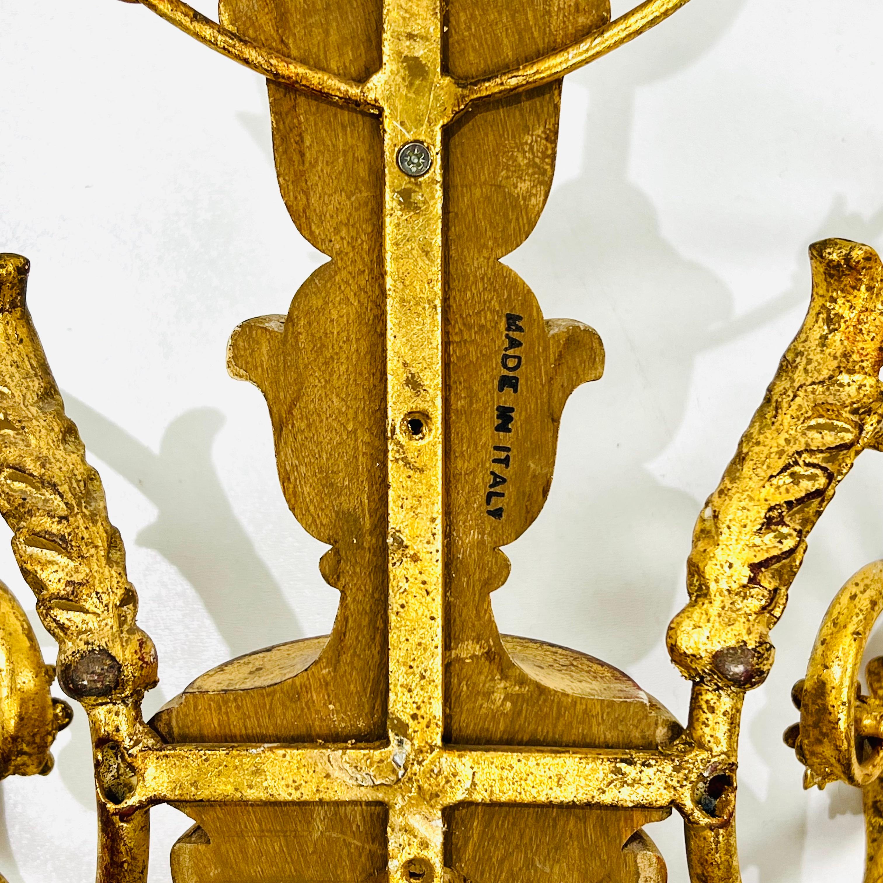 Monumental Carved Italian Giltwood & Iron Wall Sconces by Myran Allan For Sale 8