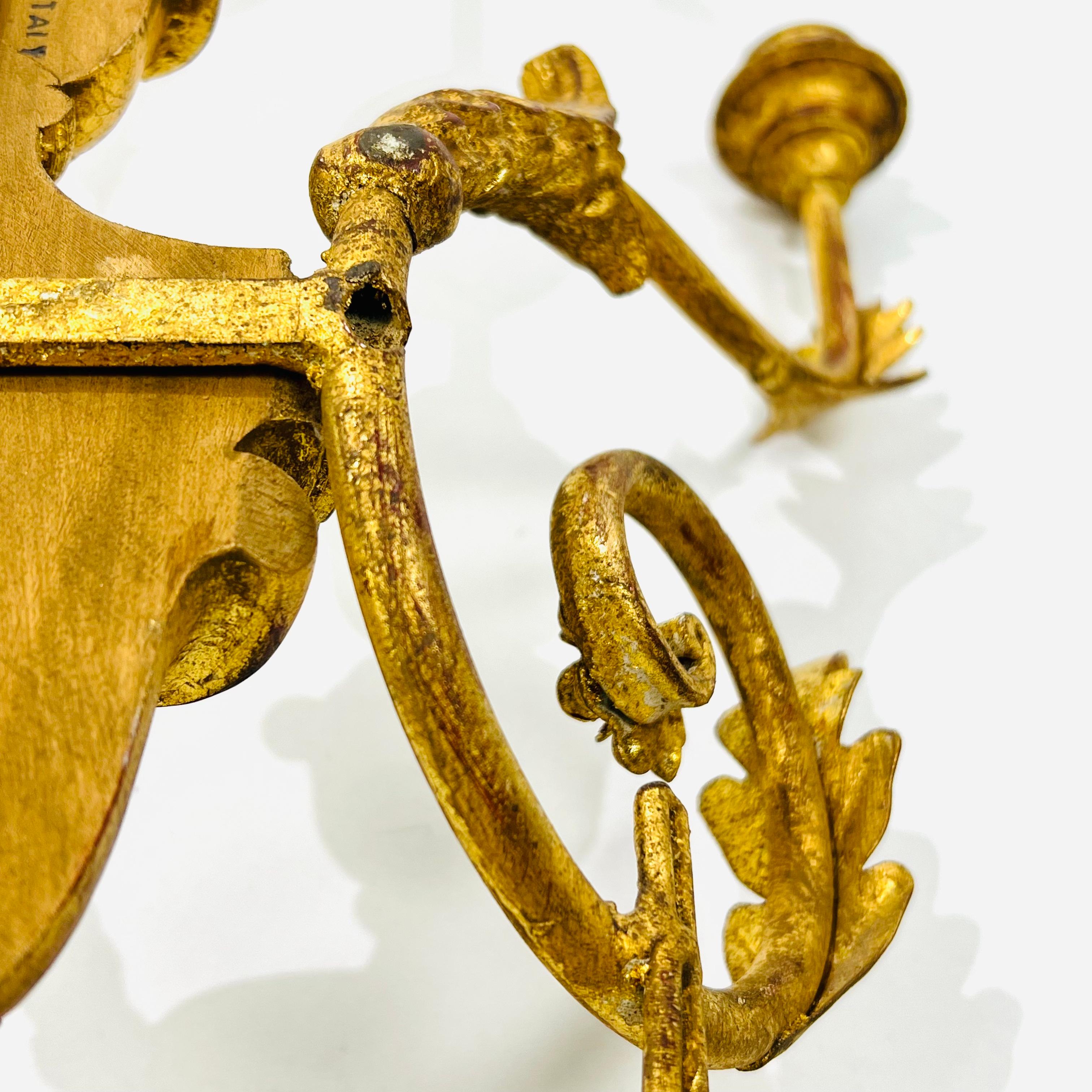 Monumental Carved Italian Giltwood & Iron Wall Sconces by Myran Allan For Sale 11