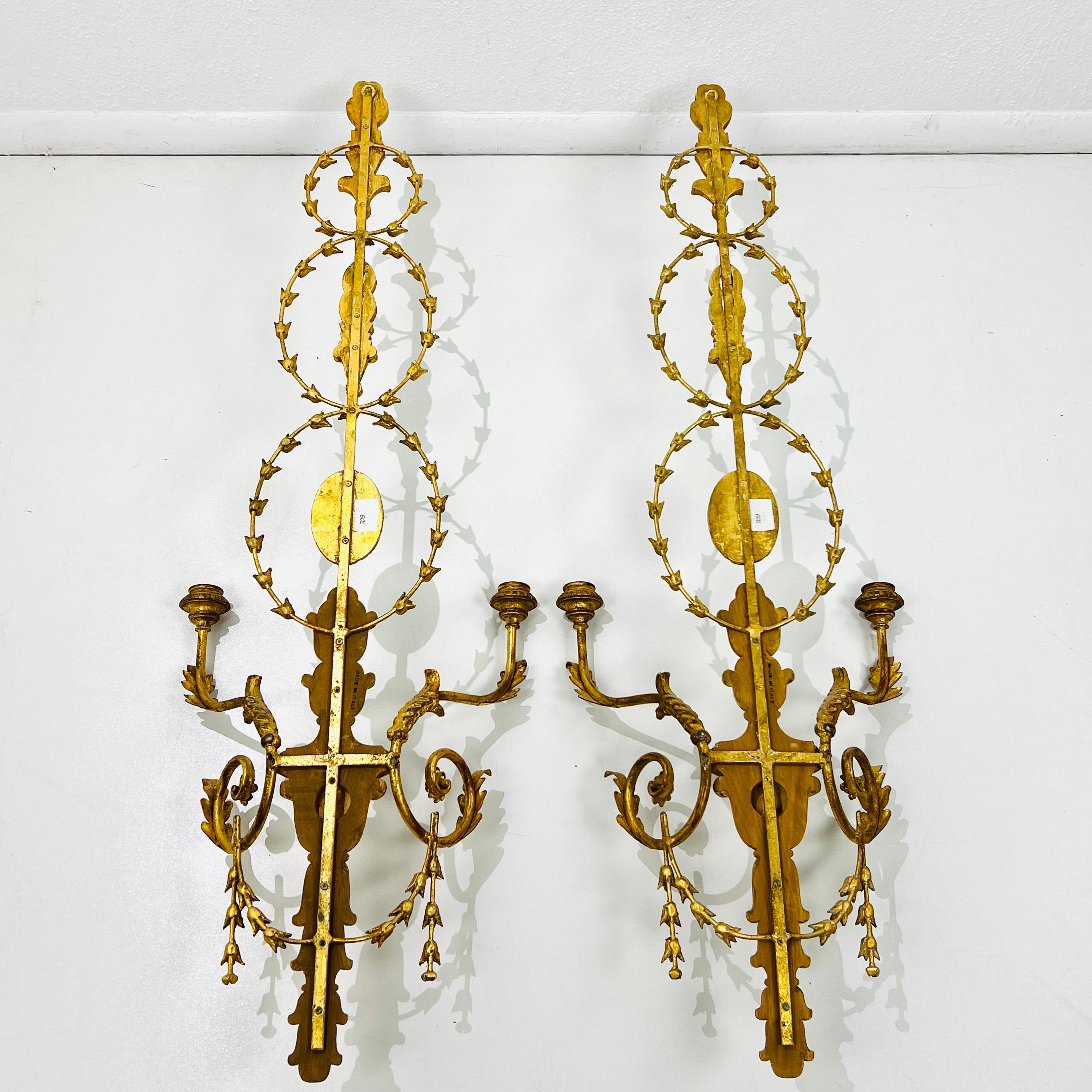 Monumental Carved Italian Giltwood & Iron Wall Sconces by Myran Allan For Sale 13
