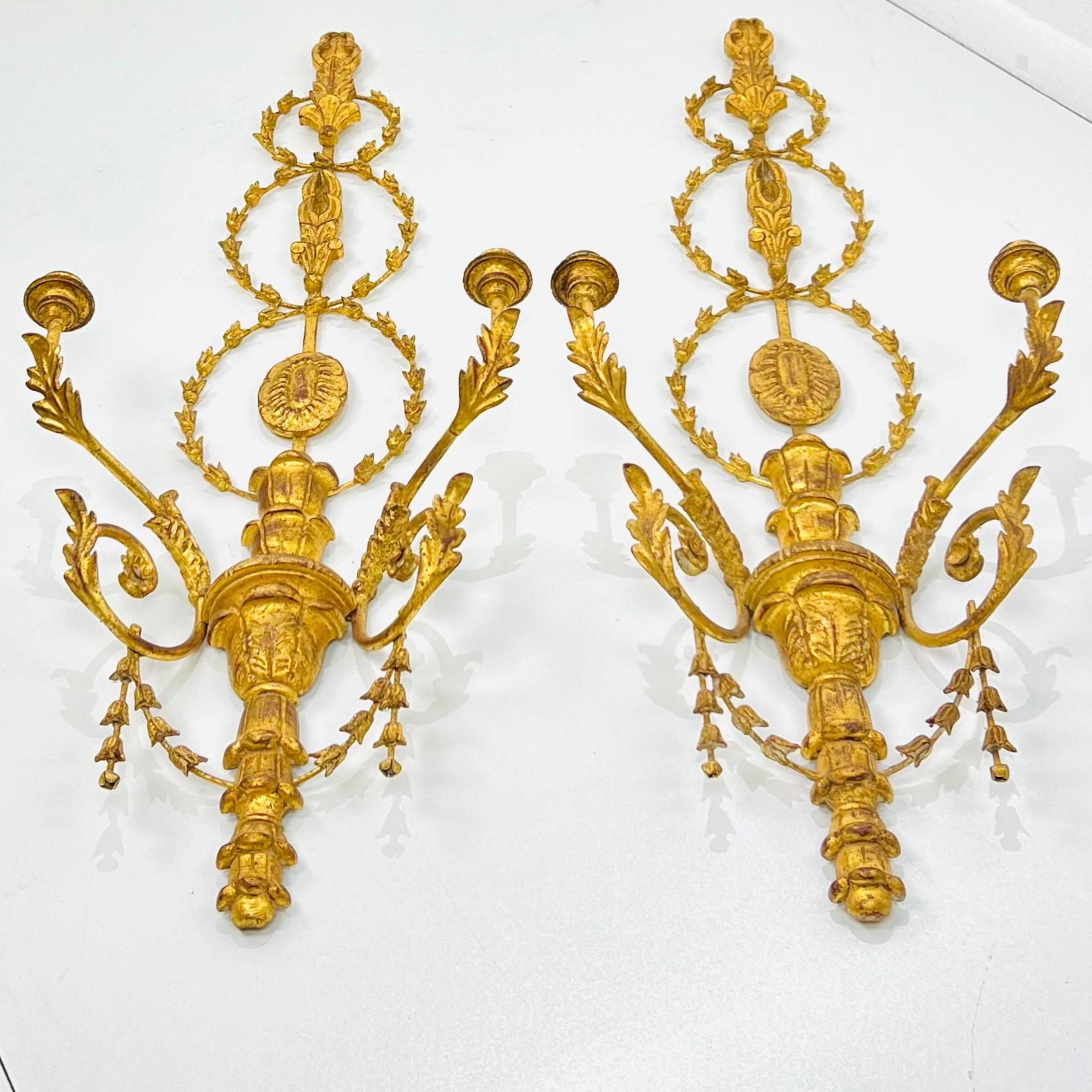 Regency Monumental Carved Italian Giltwood & Iron Wall Sconces by Myran Allan For Sale