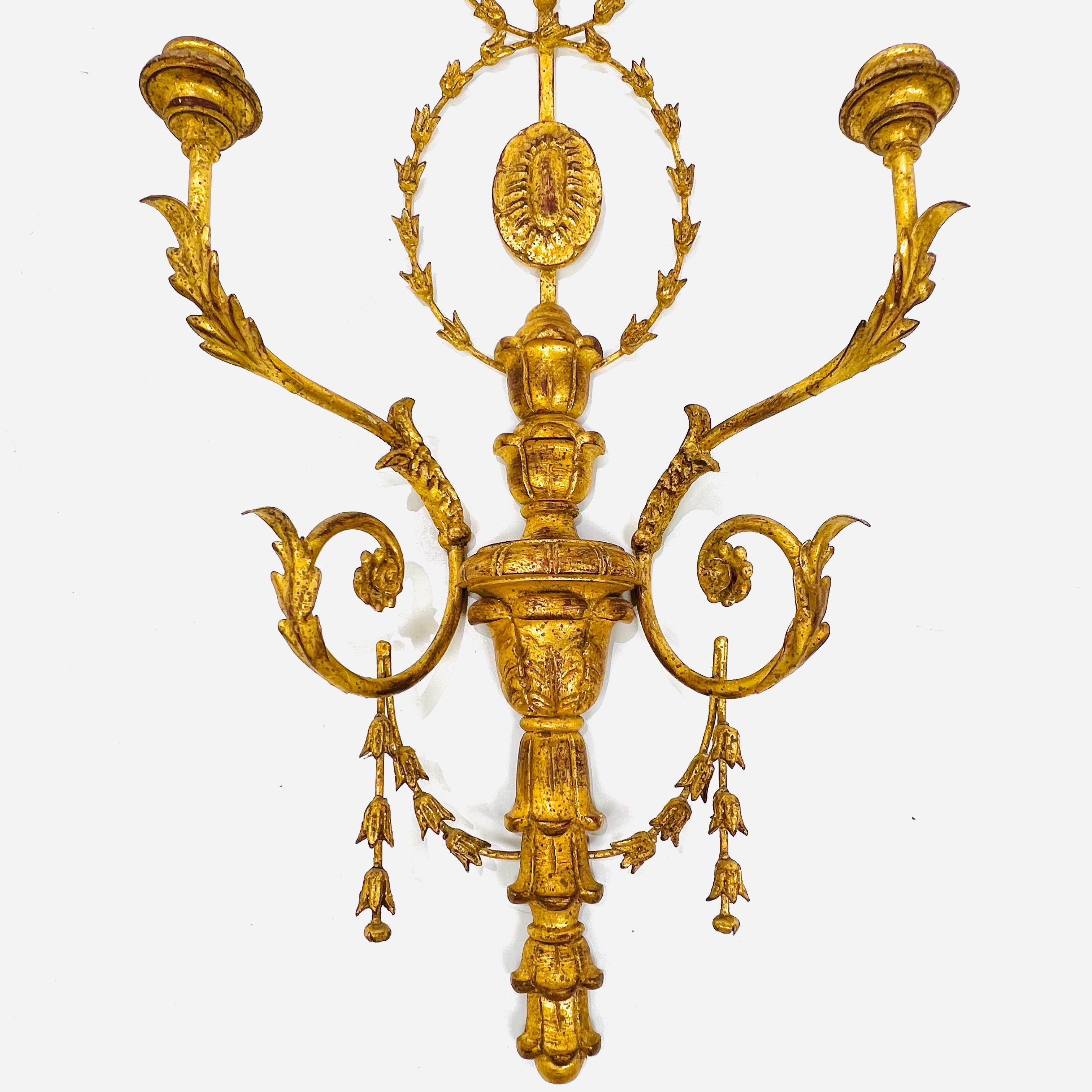 Monumental Carved Italian Giltwood & Iron Wall Sconces by Myran Allan In Good Condition For Sale In Dallas, TX