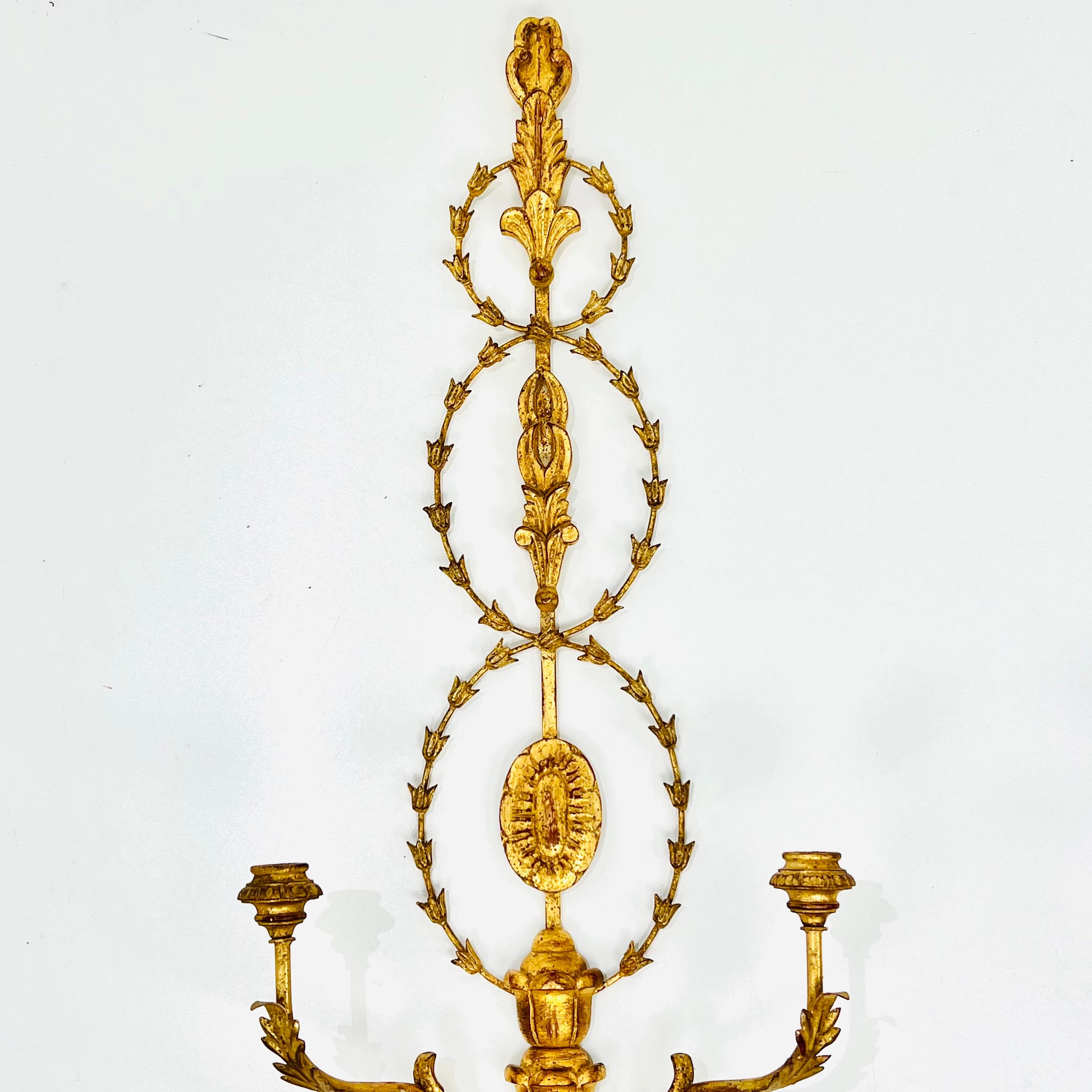 Contemporary Monumental Carved Italian Giltwood & Iron Wall Sconces by Myran Allan For Sale