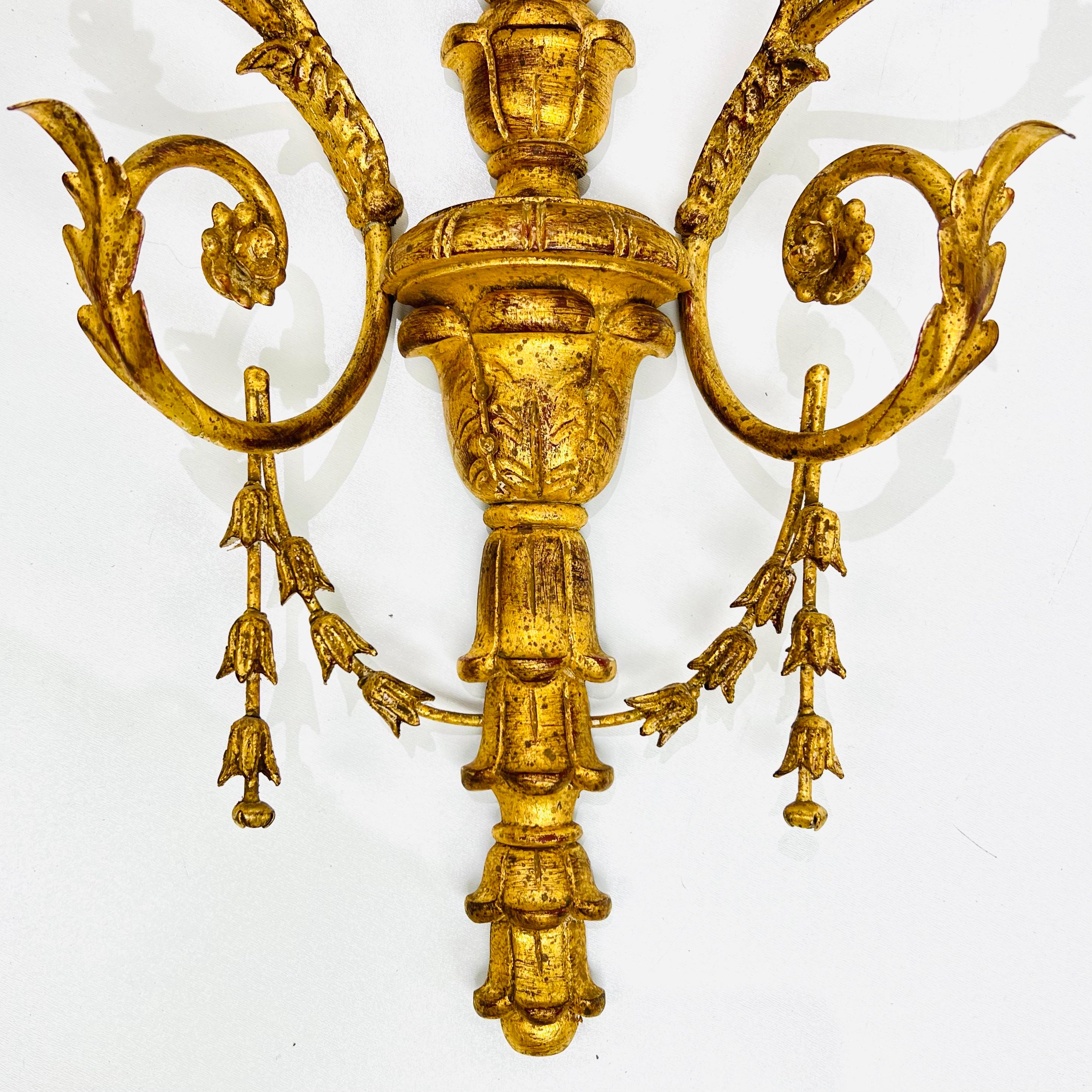 Monumental Carved Italian Giltwood & Iron Wall Sconces by Myran Allan For Sale 1