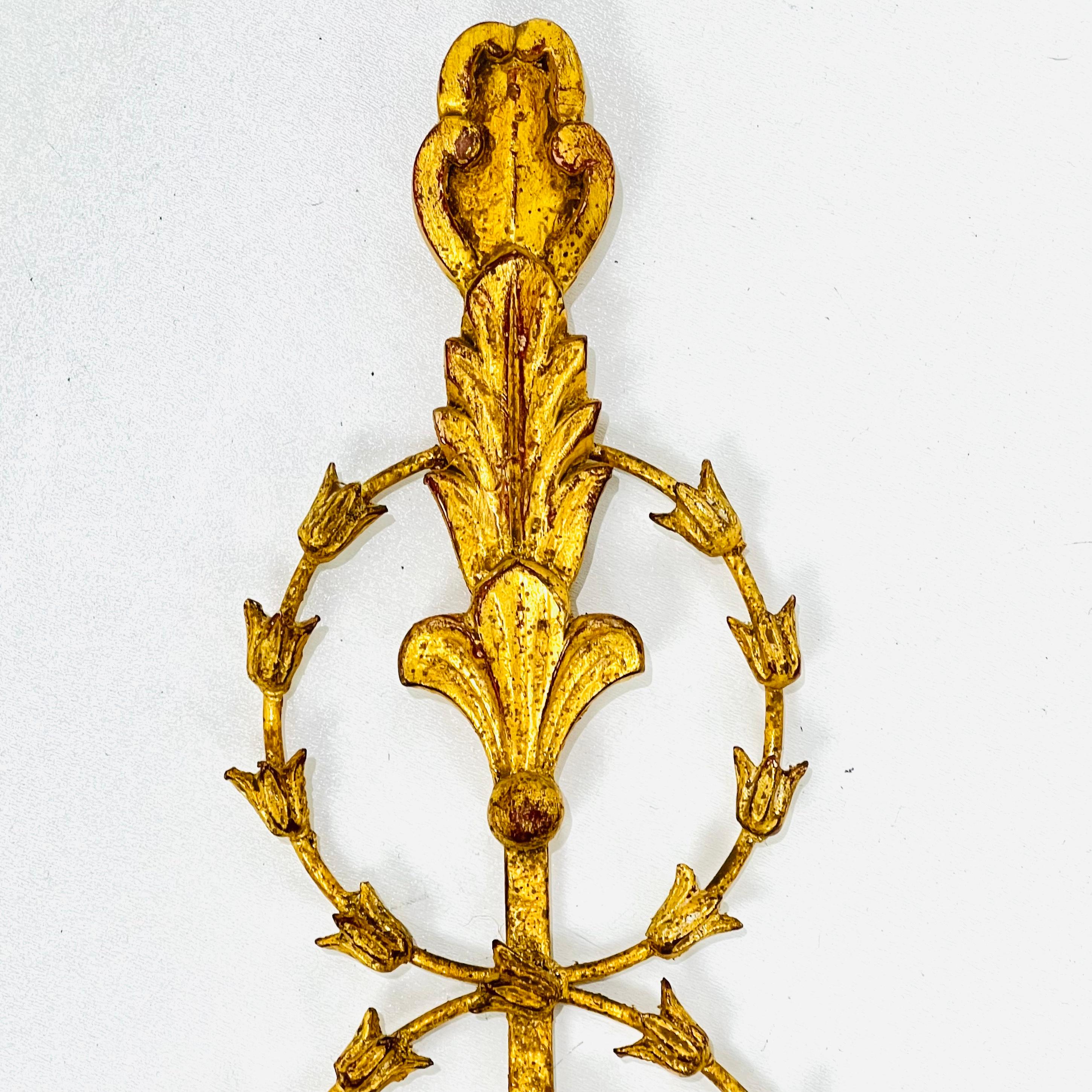 Monumental Carved Italian Giltwood & Iron Wall Sconces by Myran Allan For Sale 3