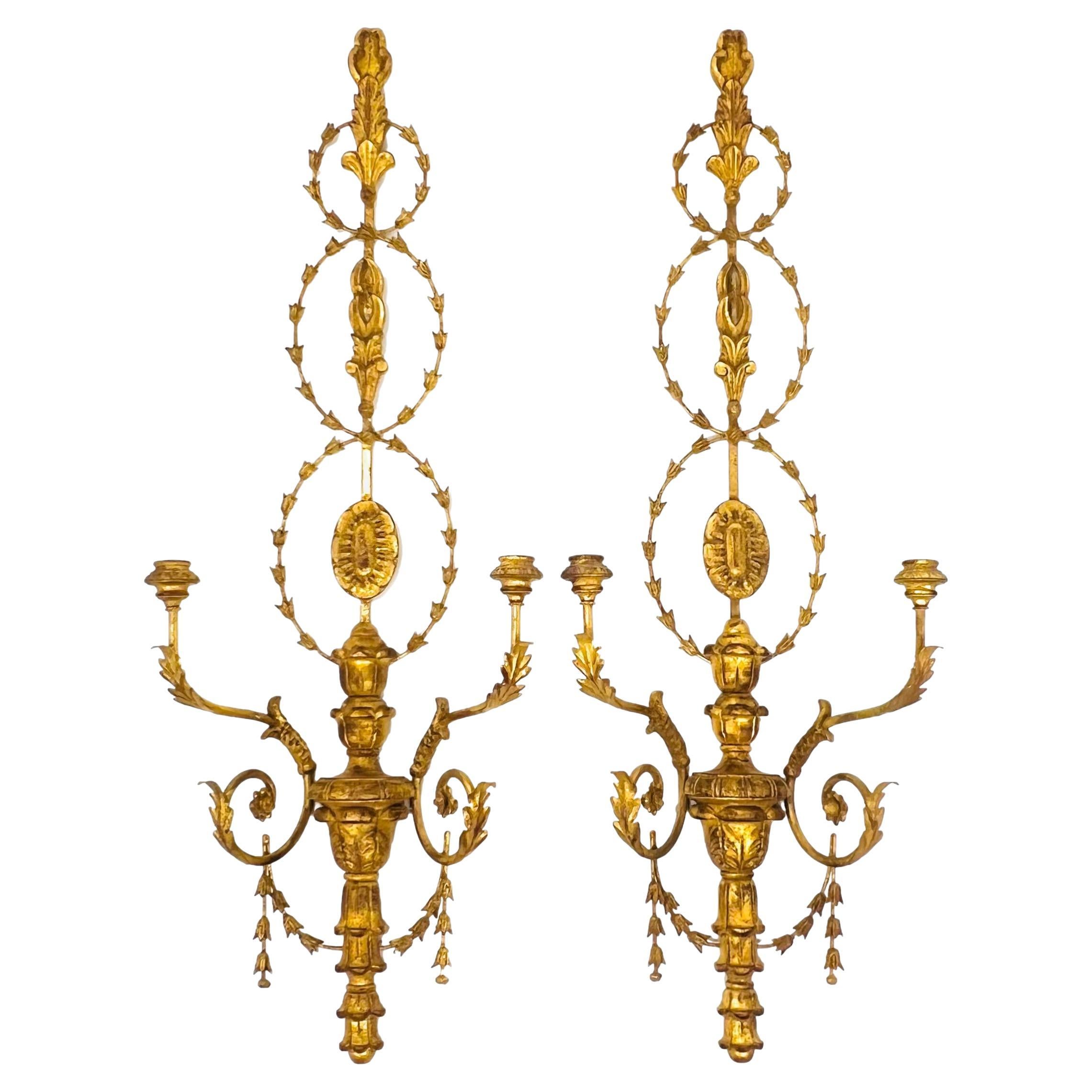Monumental Carved Italian Giltwood & Iron Wall Sconces by Myran Allan For Sale