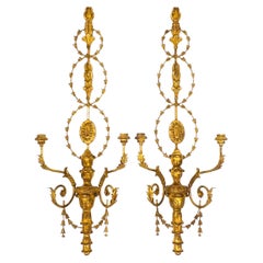 Monumental Carved Italian Giltwood & Iron Wall Sconces by Myran Allan