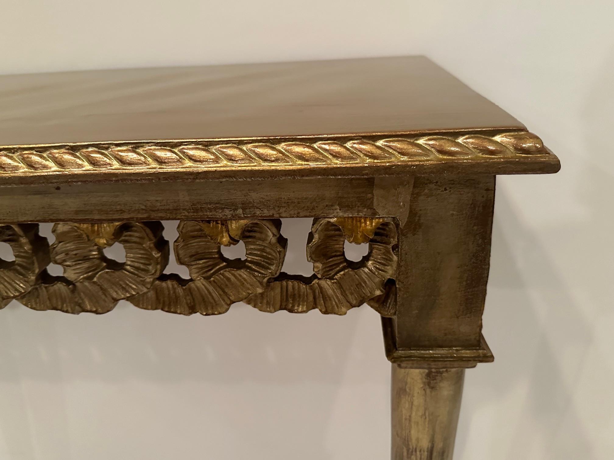 Carved Italian Gold & Silver Leaf Wall Mounted Console Table In Good Condition For Sale In Hopewell, NJ