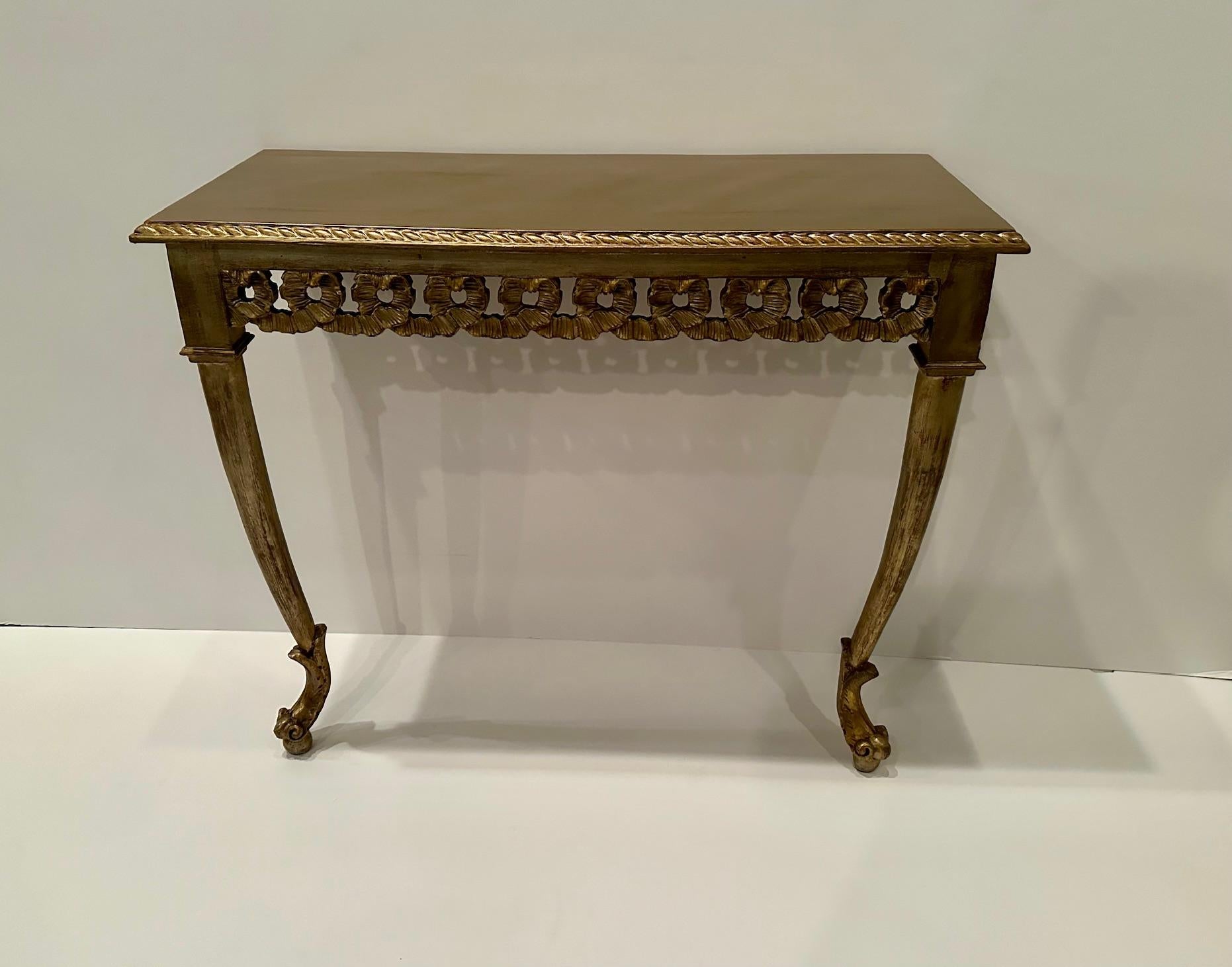 Wood Carved Italian Gold & Silver Leaf Wall Mounted Console Table For Sale