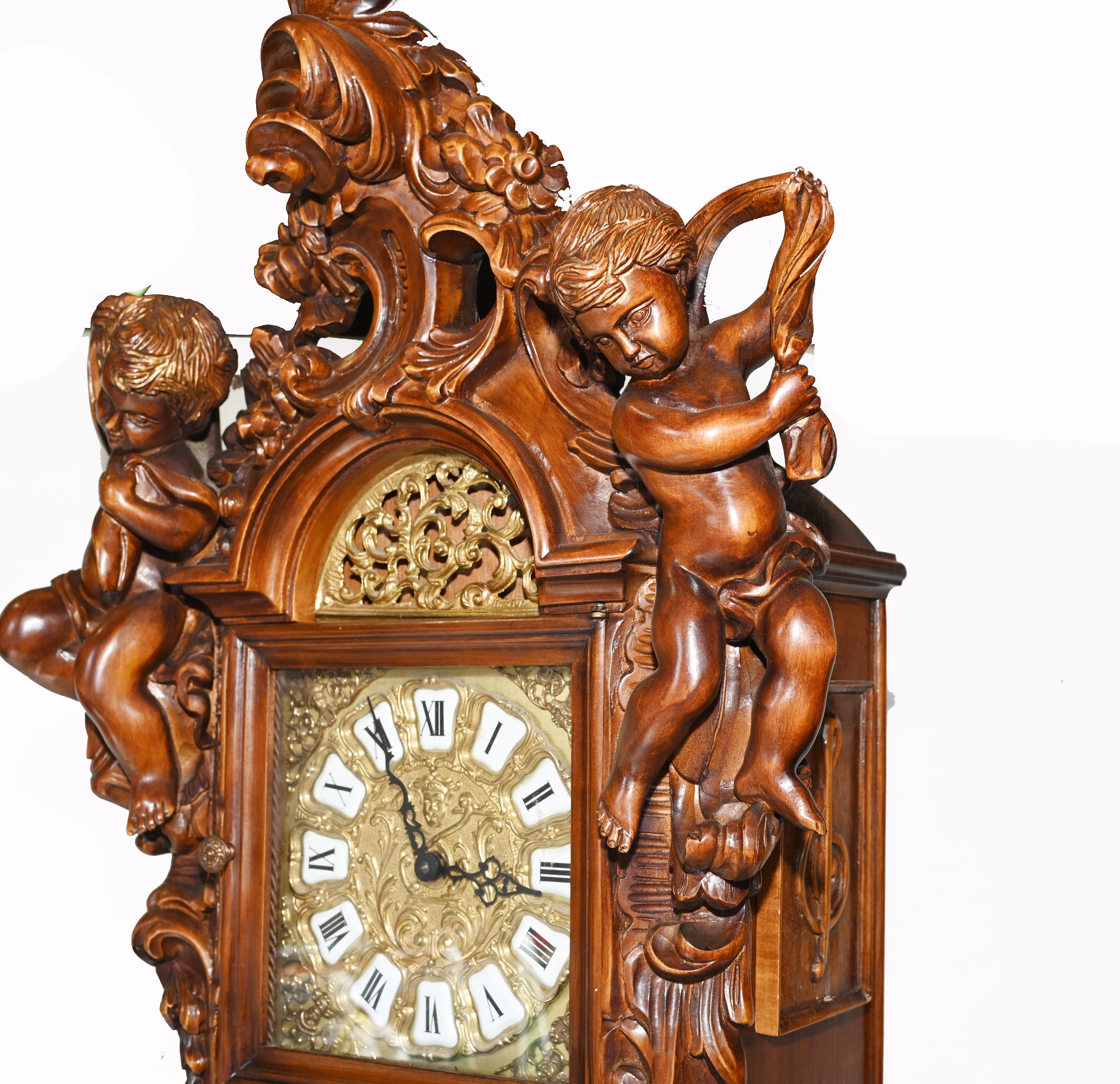 Carved Italian Grandfather Clock Walnut Cherubs 3