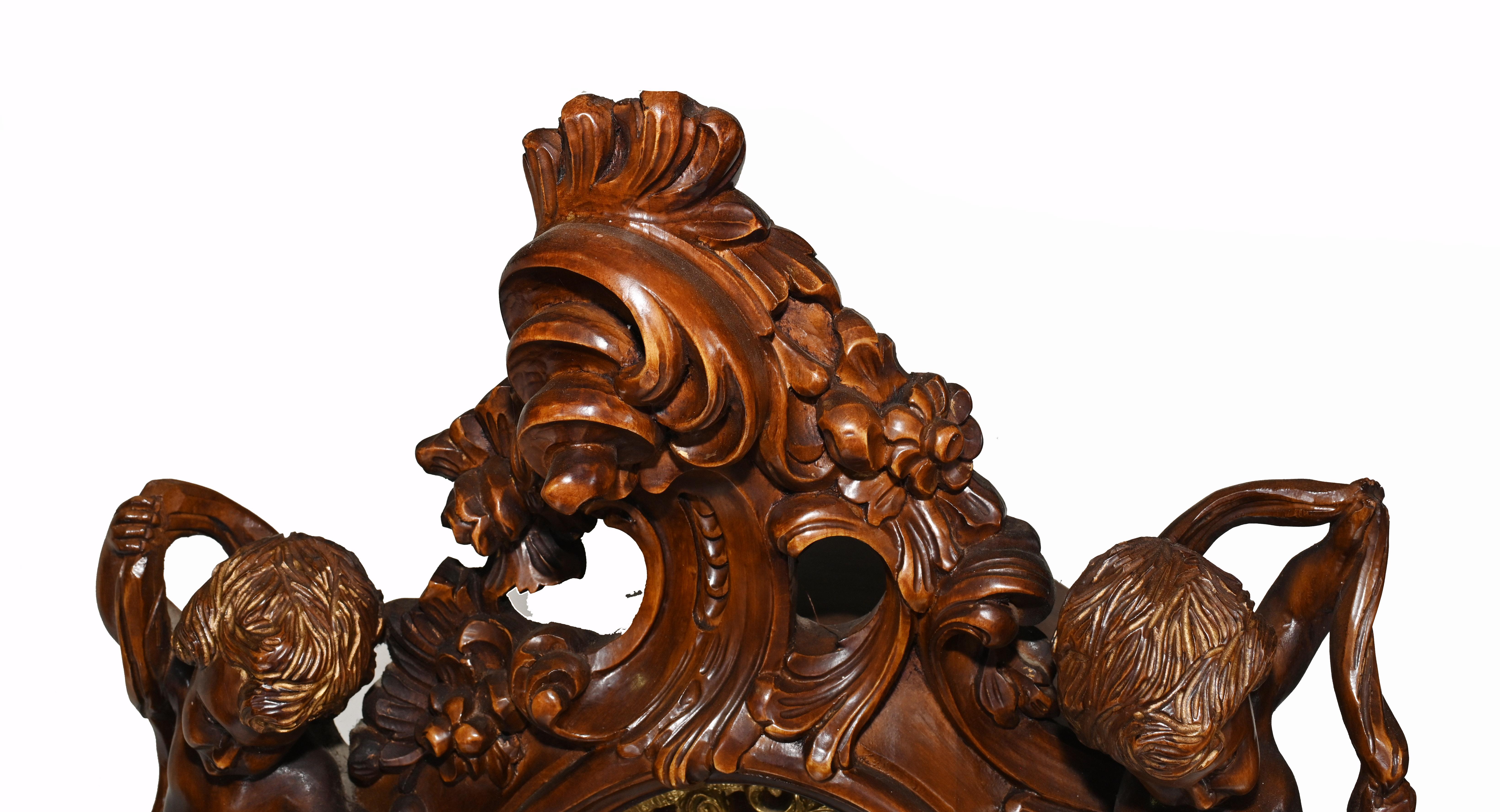 Carved Italian Grandfather Clock Walnut Cherubs In Good Condition In Potters Bar, GB