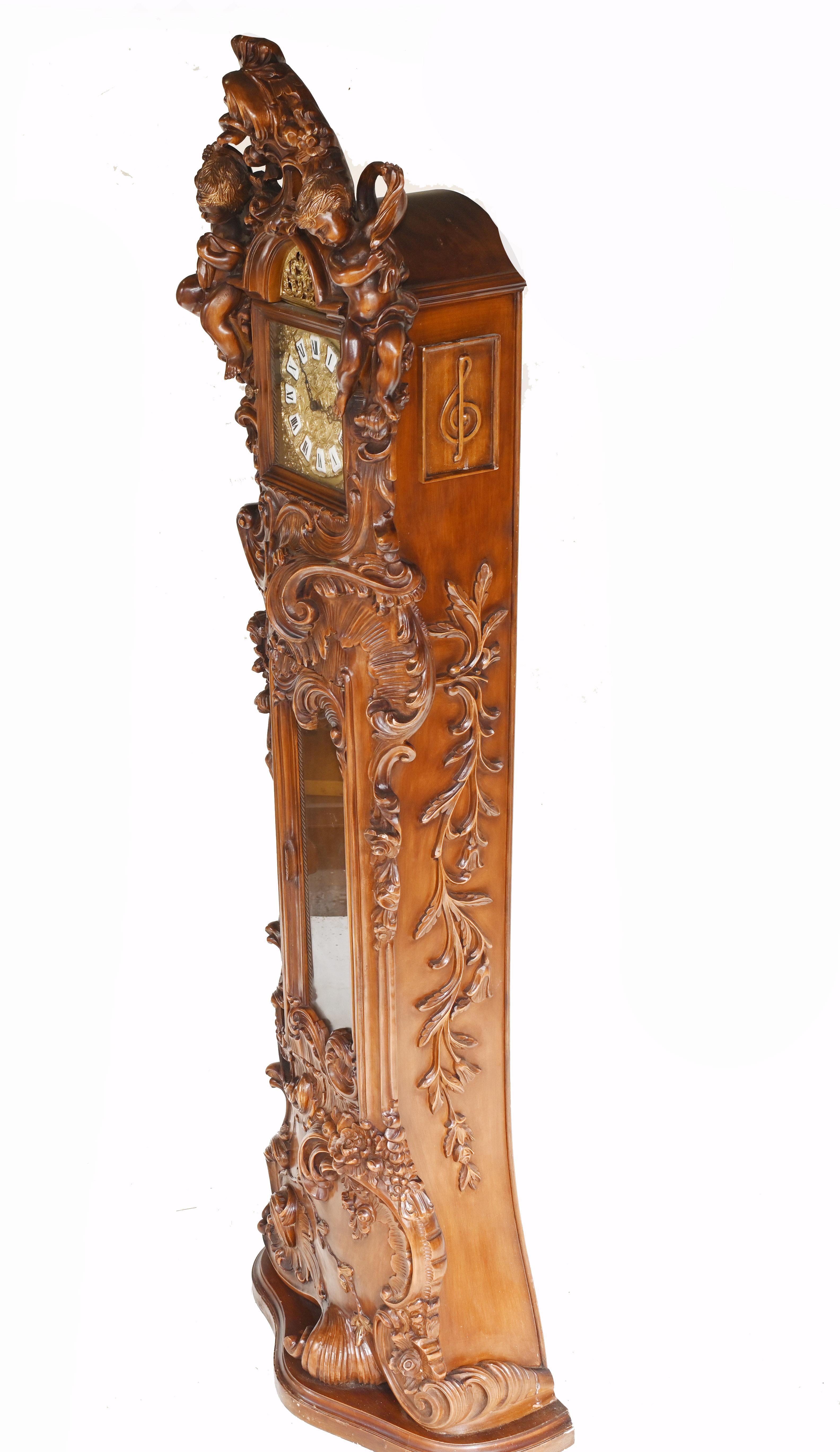 Late 19th Century Carved Italian Grandfather Clock Walnut Cherubs