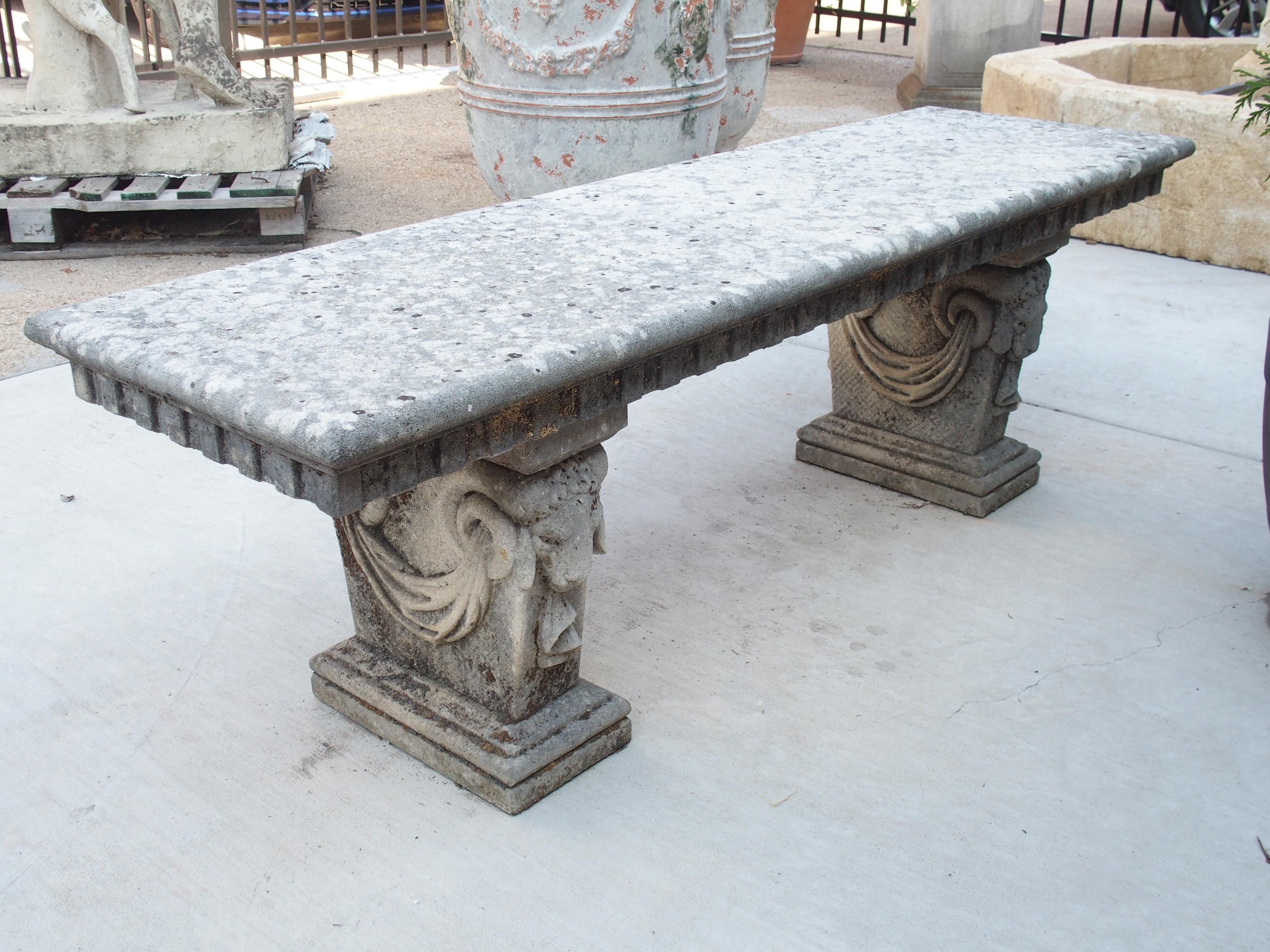 Carved Italian Limestone Bench with Ram Heads Supports 7