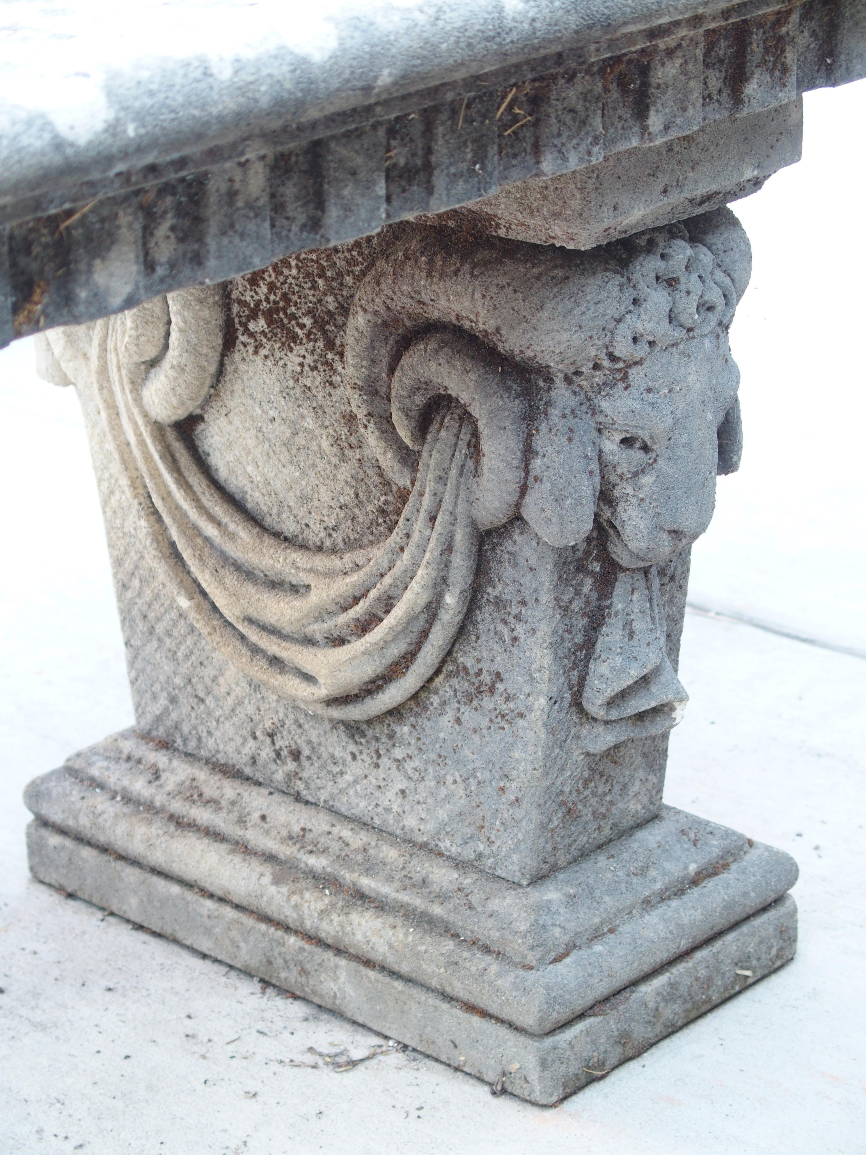 Carved Italian Limestone Bench with Ram Heads Supports 8