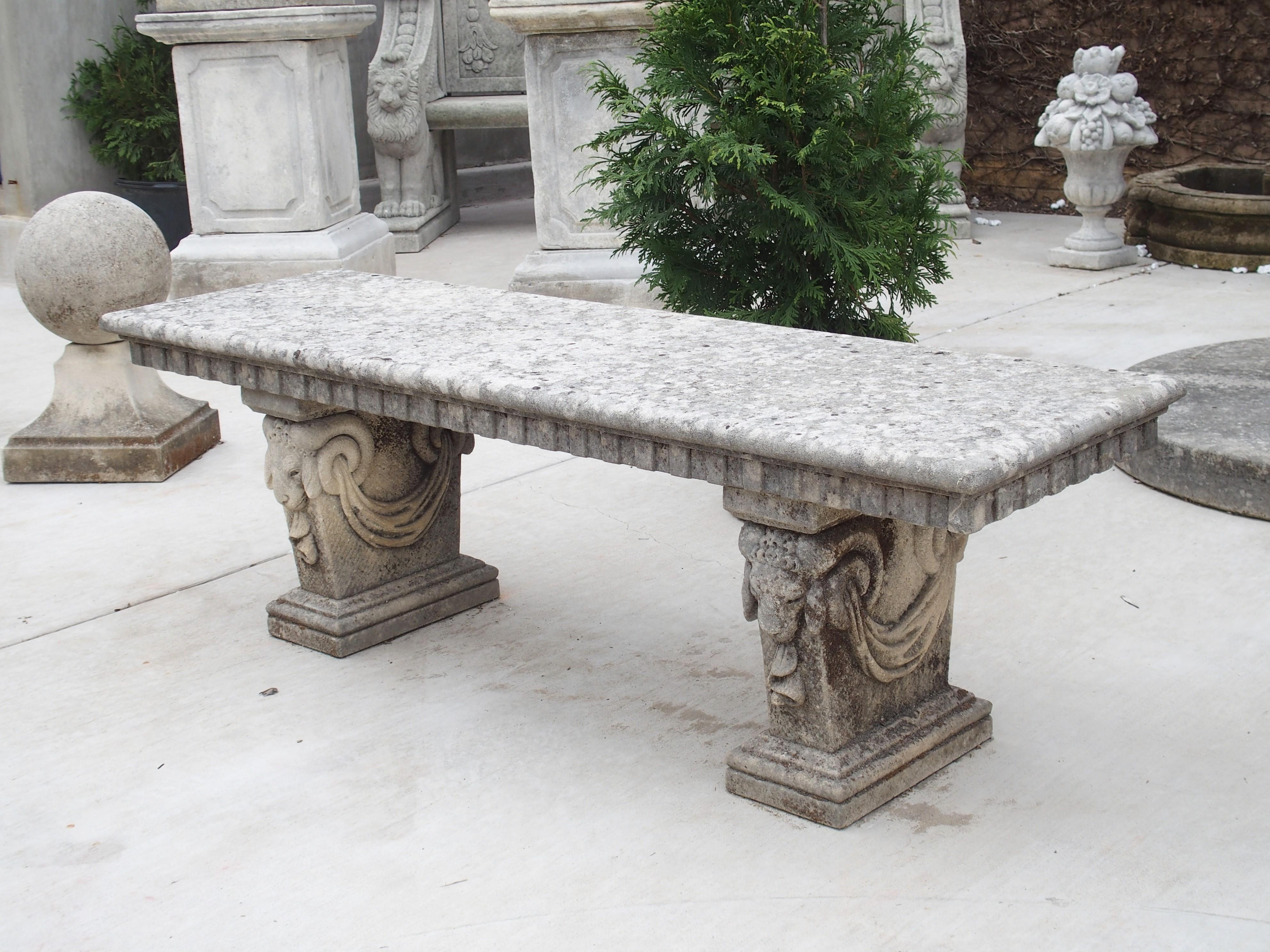 Carved Italian Limestone Bench with Ram Heads Supports 10