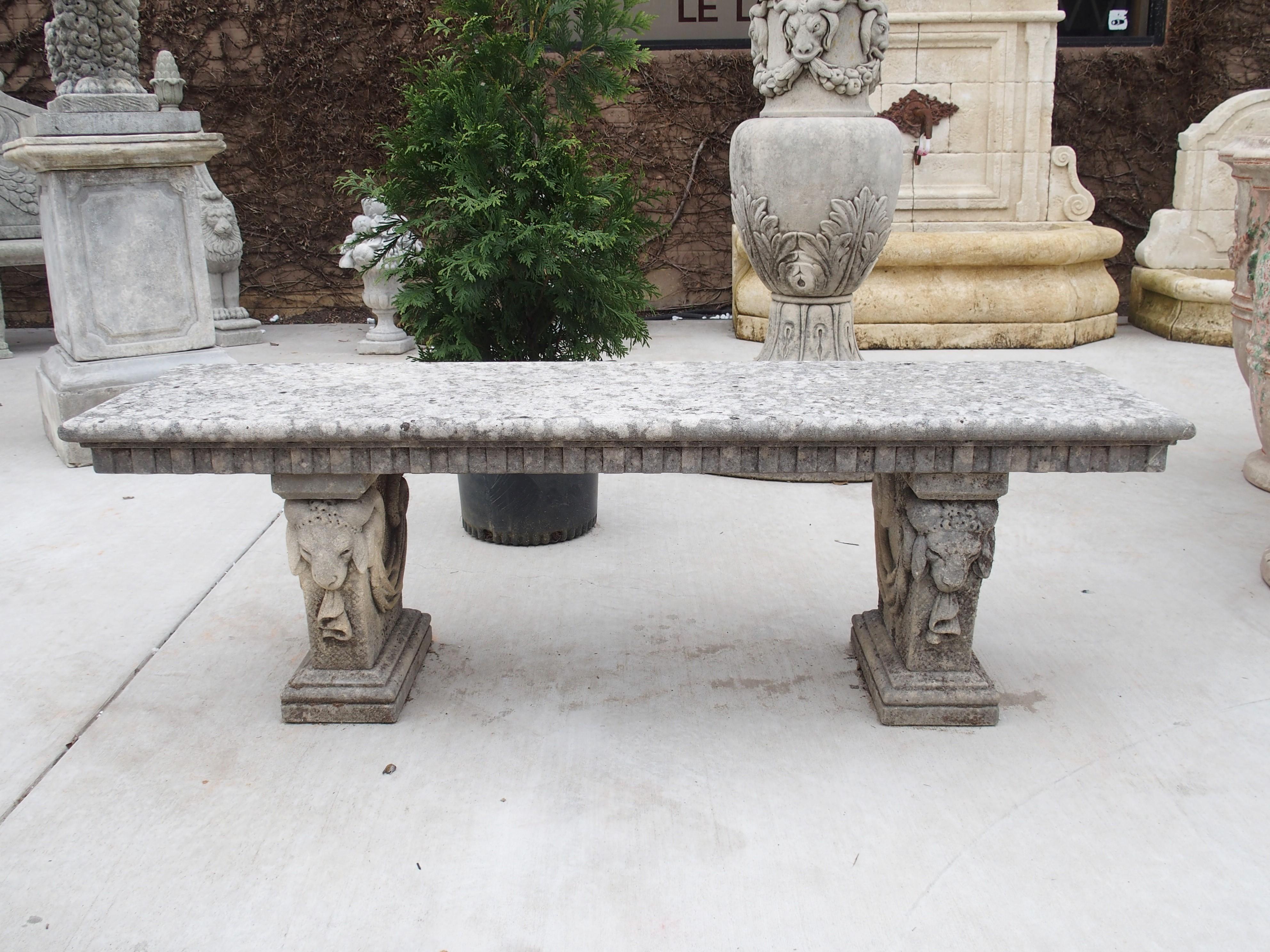 Carved Italian Limestone Bench with Ram Heads Supports In Good Condition In Dallas, TX