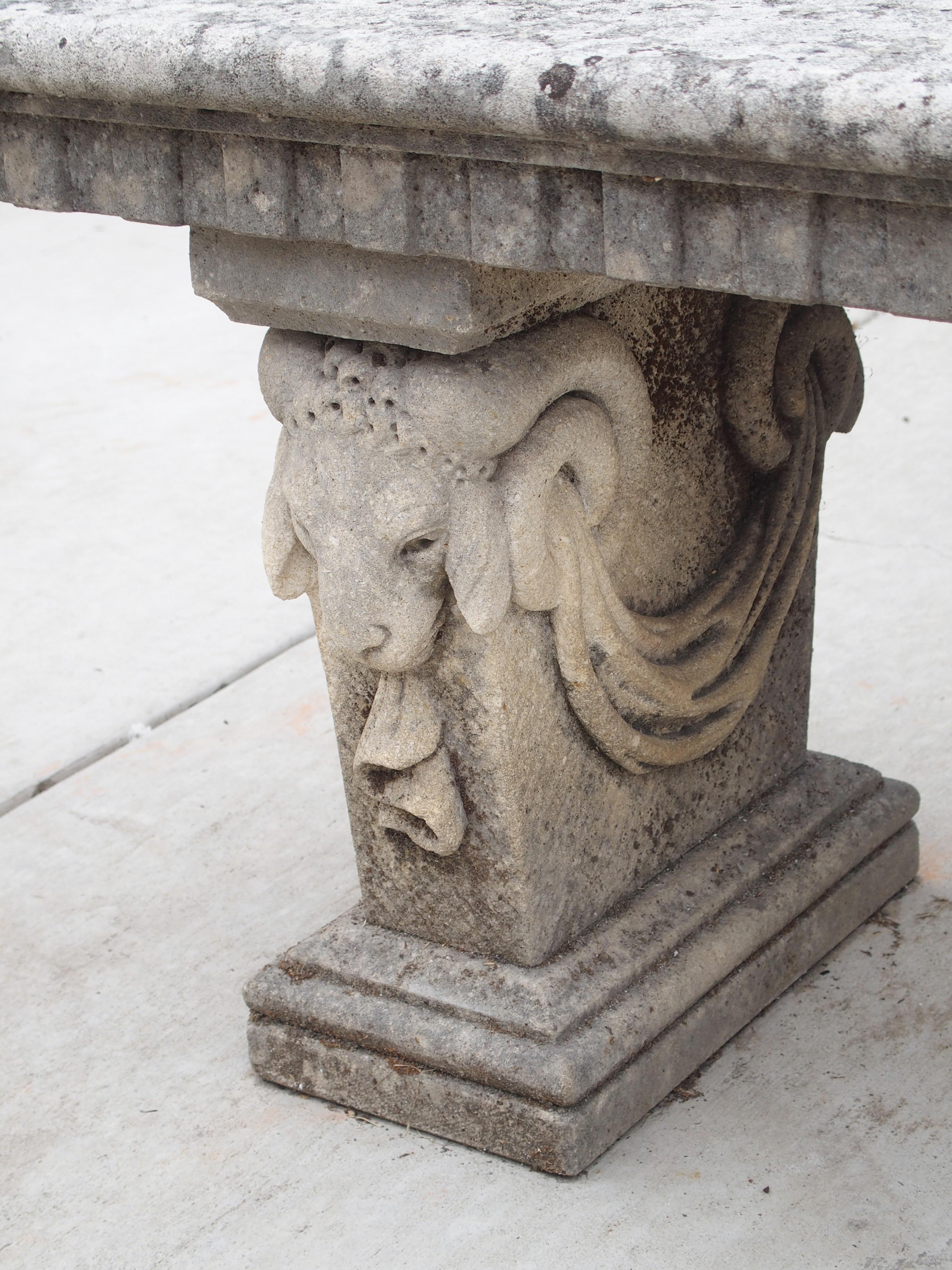 Contemporary Carved Italian Limestone Bench with Ram Heads Supports