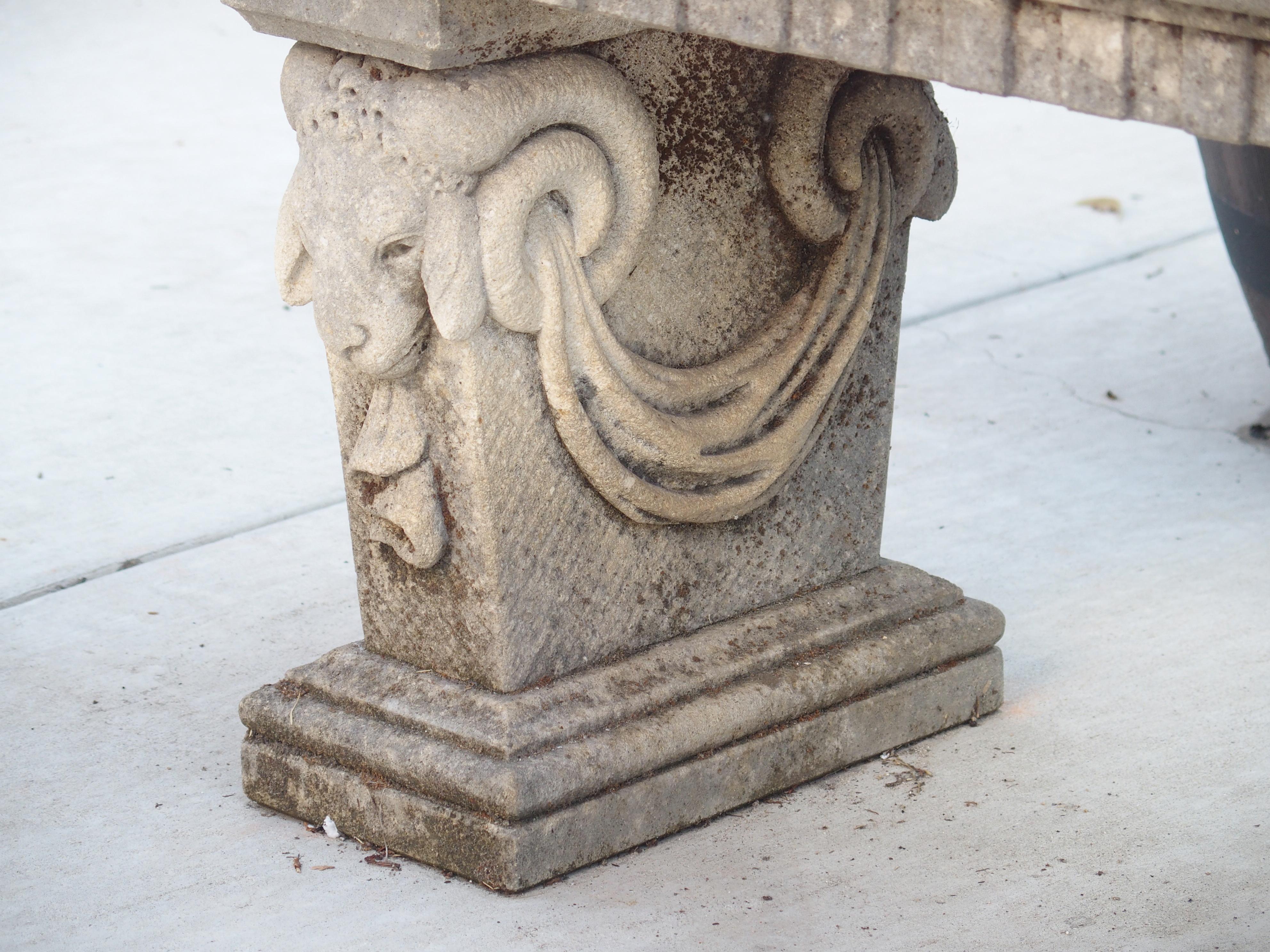 Carved Italian Limestone Bench with Ram Heads Supports 4
