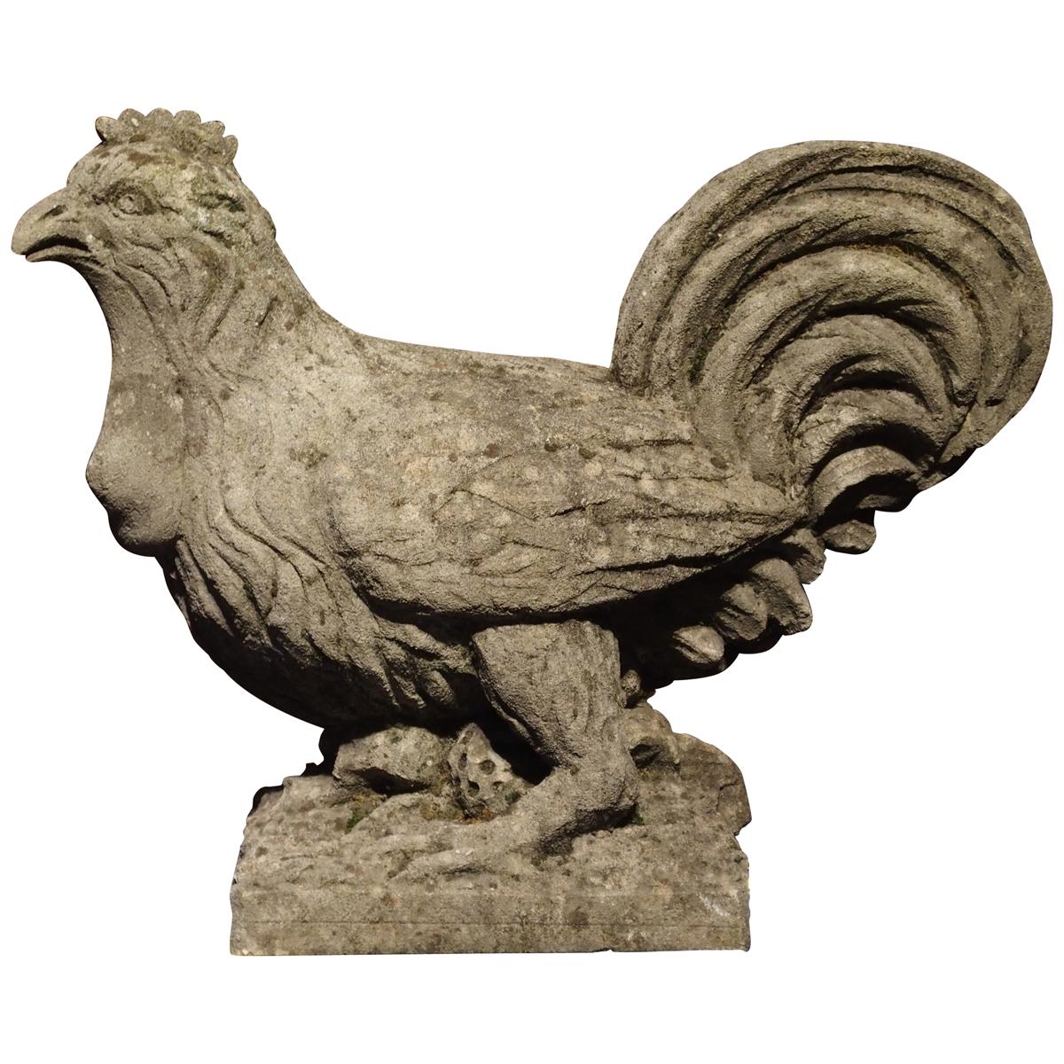 Carved Italian Limestone Chicken Statue, 20th Century