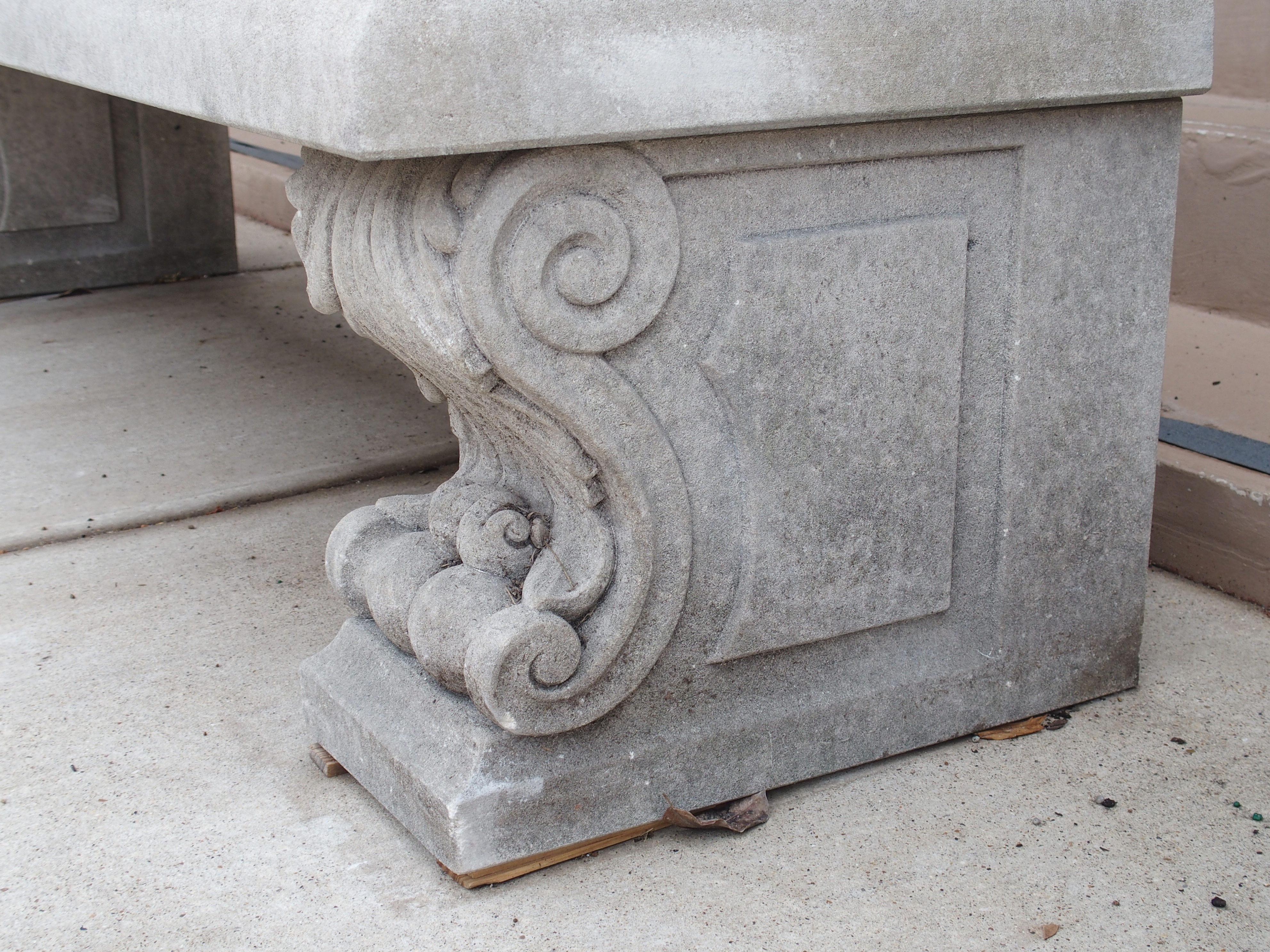 Carved Italian Limestone Garden Bench with Fleur De Lys and Acanthus Decoration For Sale 8
