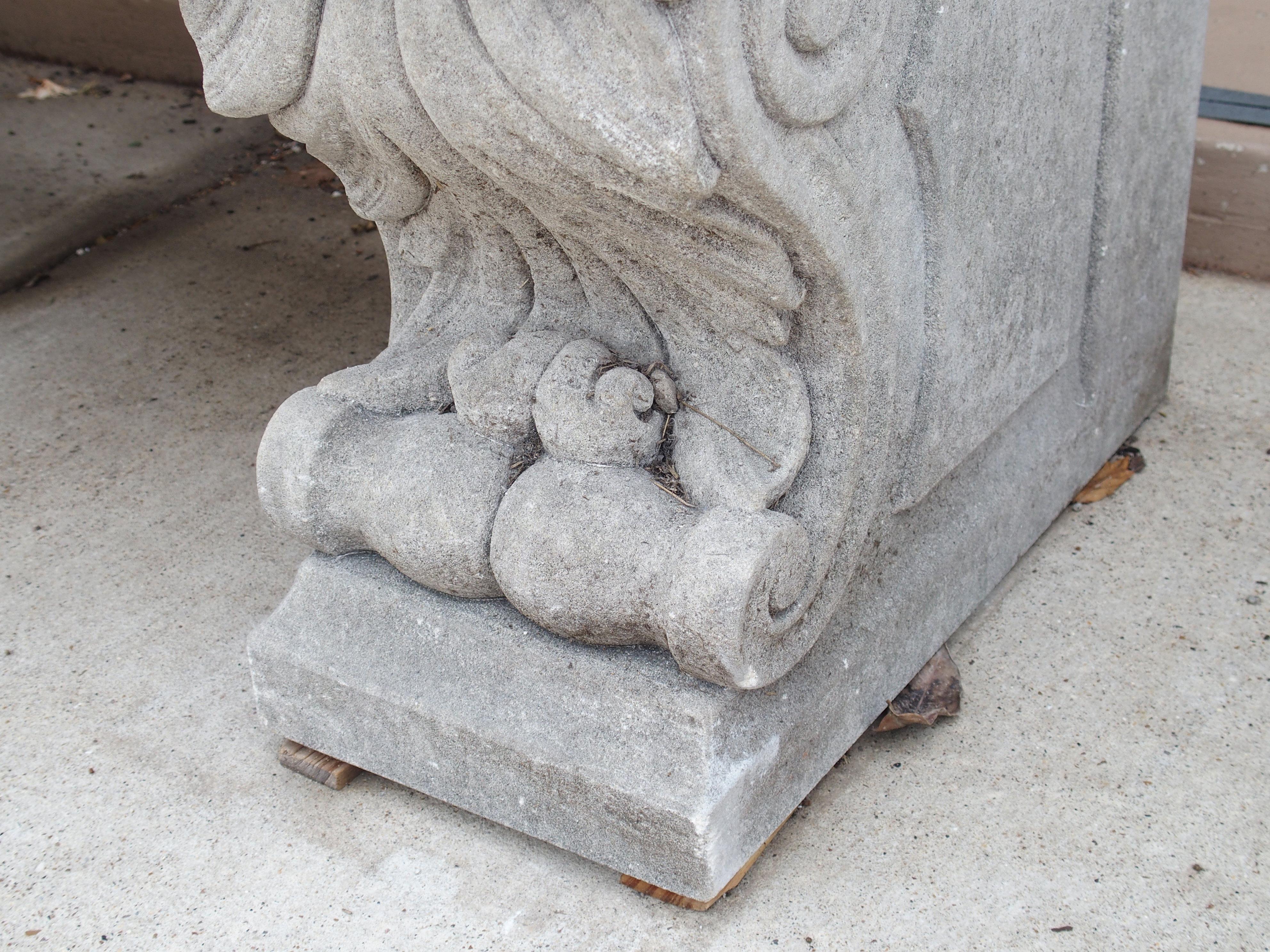 Carved Italian Limestone Garden Bench with Fleur De Lys and Acanthus Decoration For Sale 10