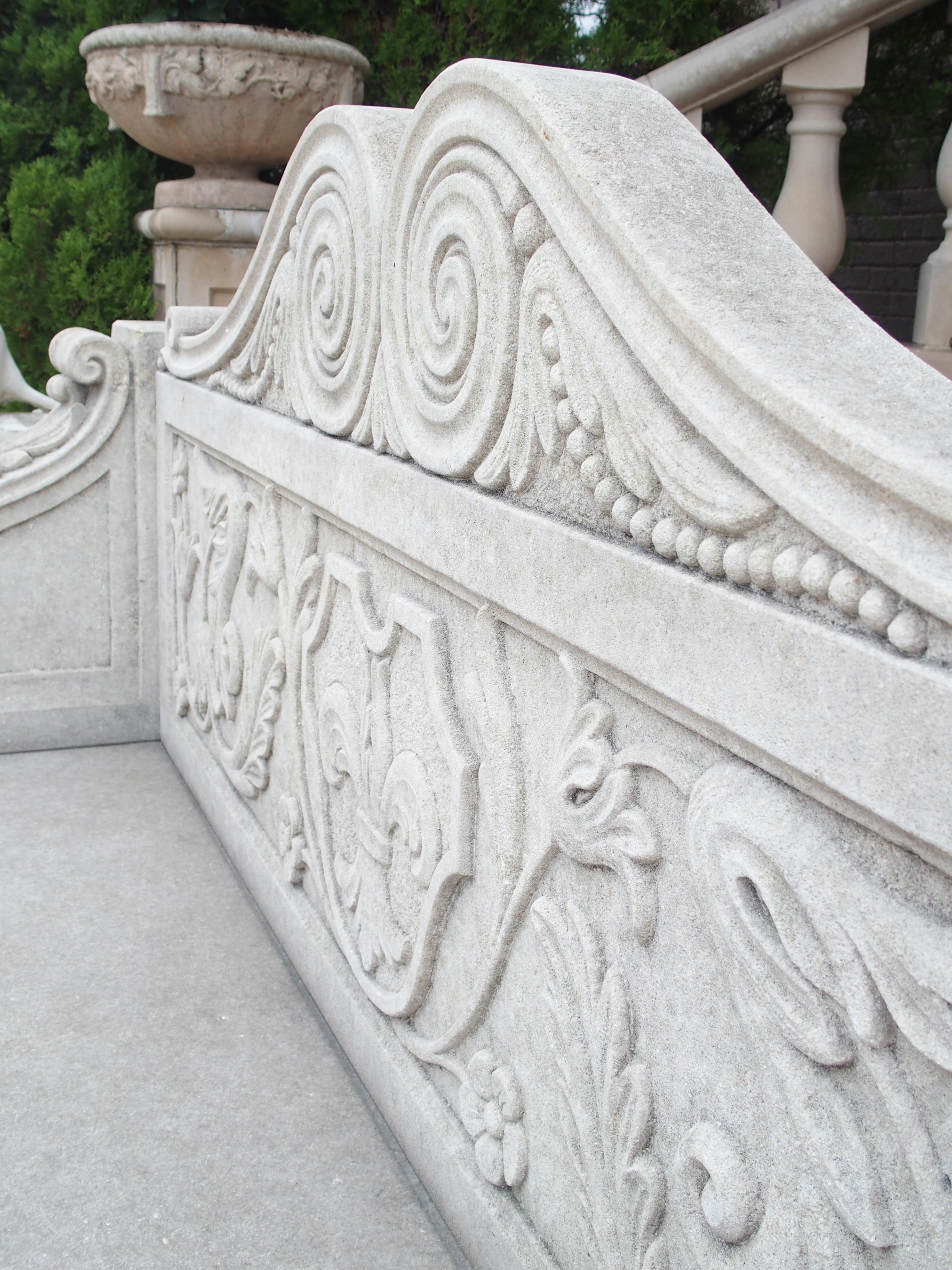 Carved Italian Limestone Garden Bench with Fleur De Lys and Acanthus Decoration For Sale 11