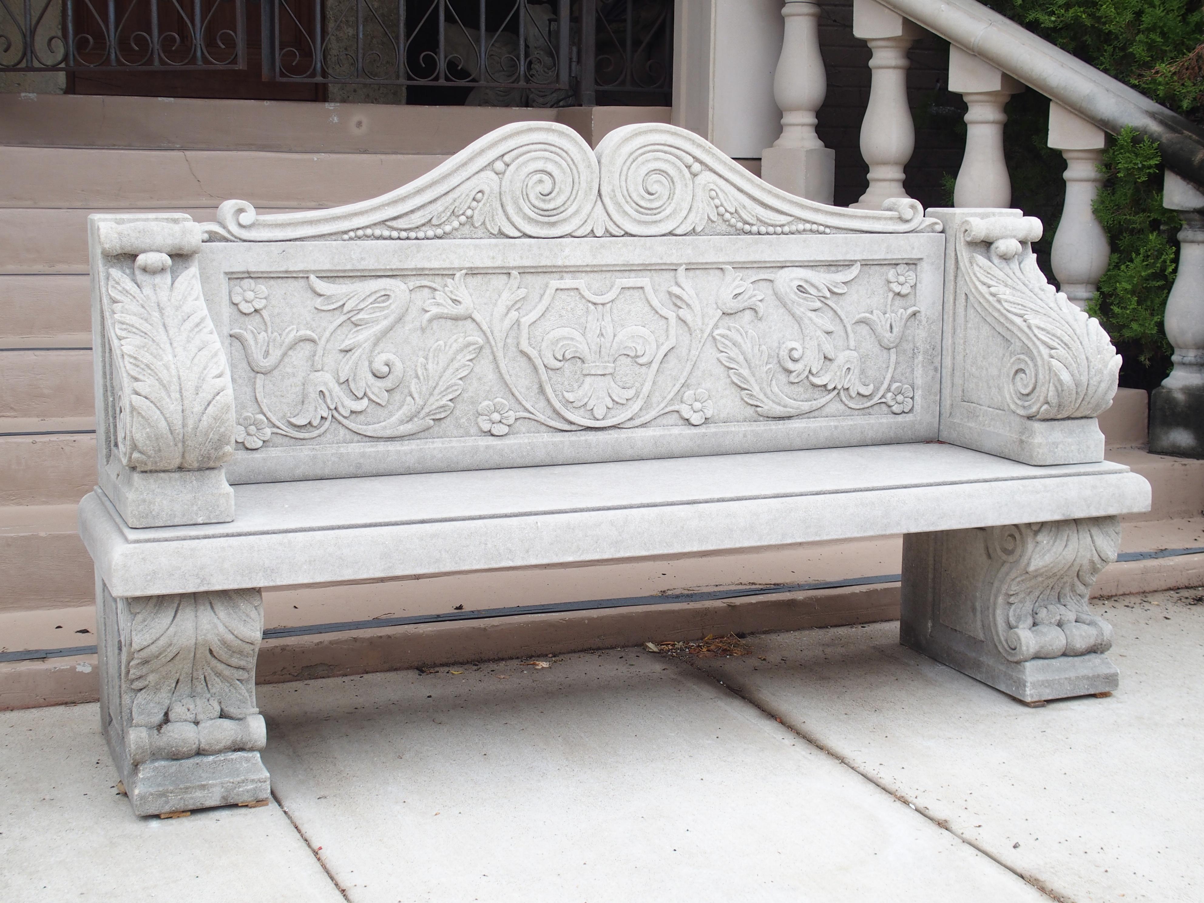 Carved Italian Limestone Garden Bench with Fleur De Lys and Acanthus Decoration For Sale 12