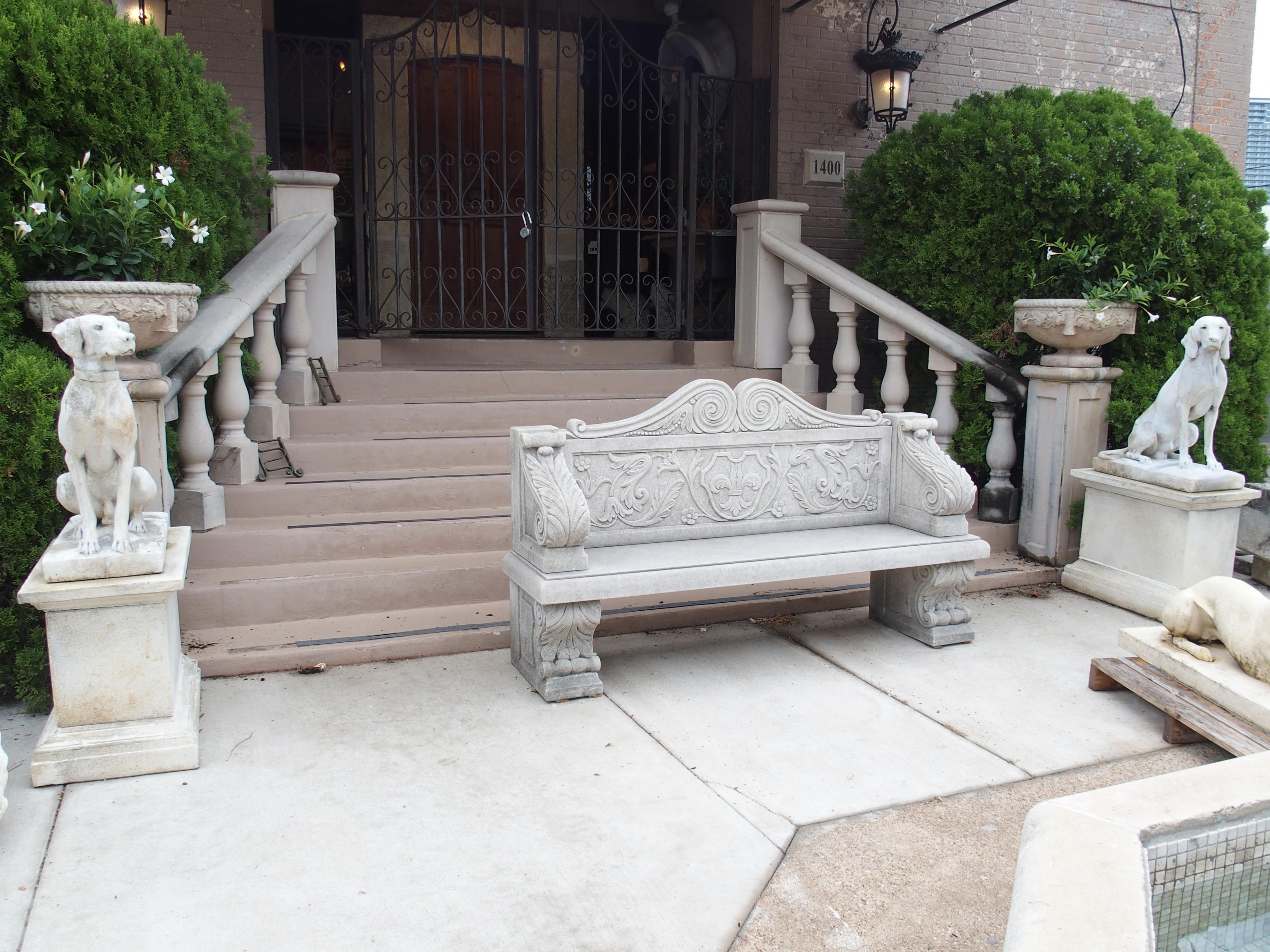 Carved Italian Limestone Garden Bench with Fleur De Lys and Acanthus Decoration For Sale 13