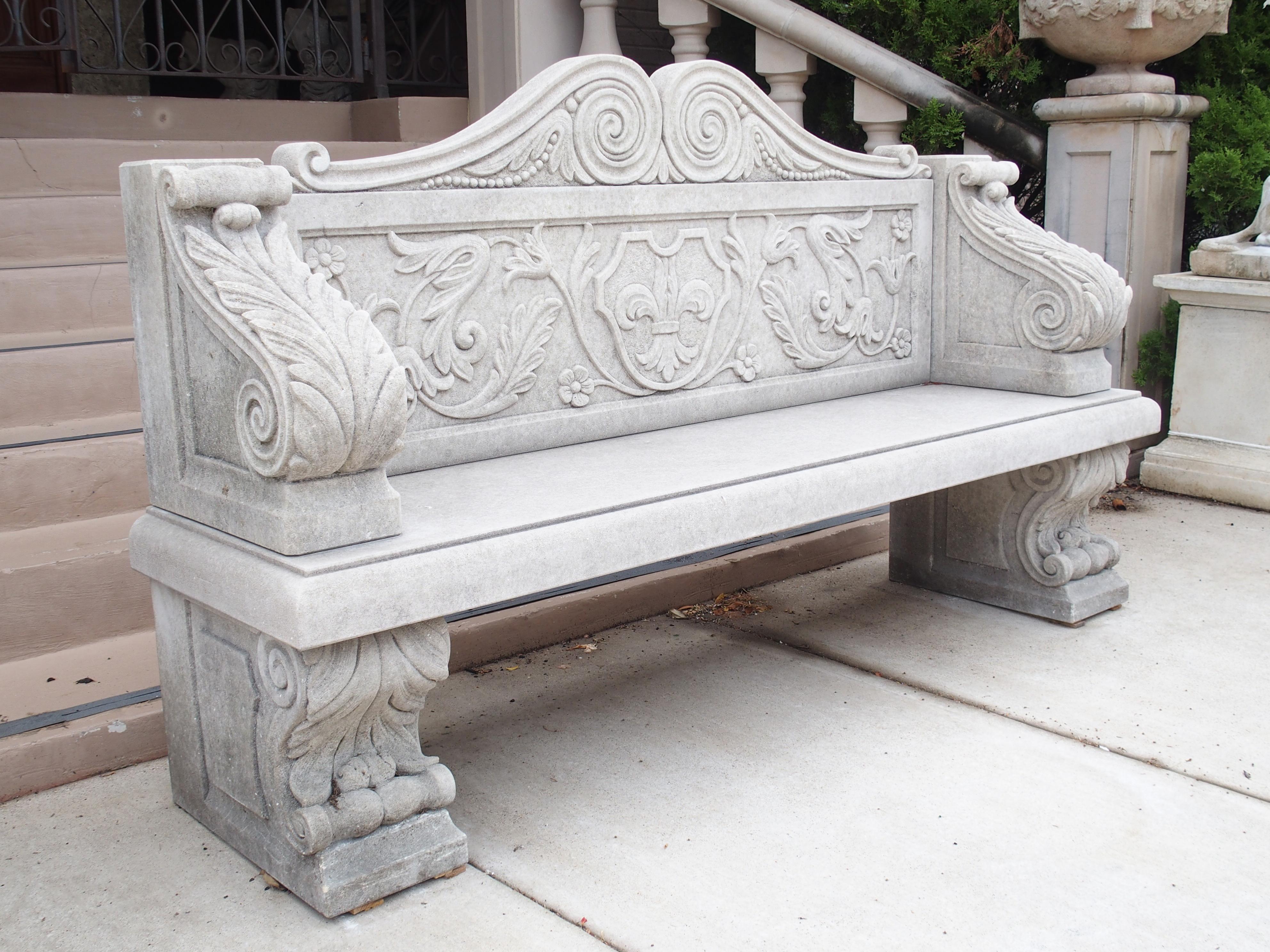 Carved Italian Limestone Garden Bench with Fleur De Lys and Acanthus Decoration For Sale 14