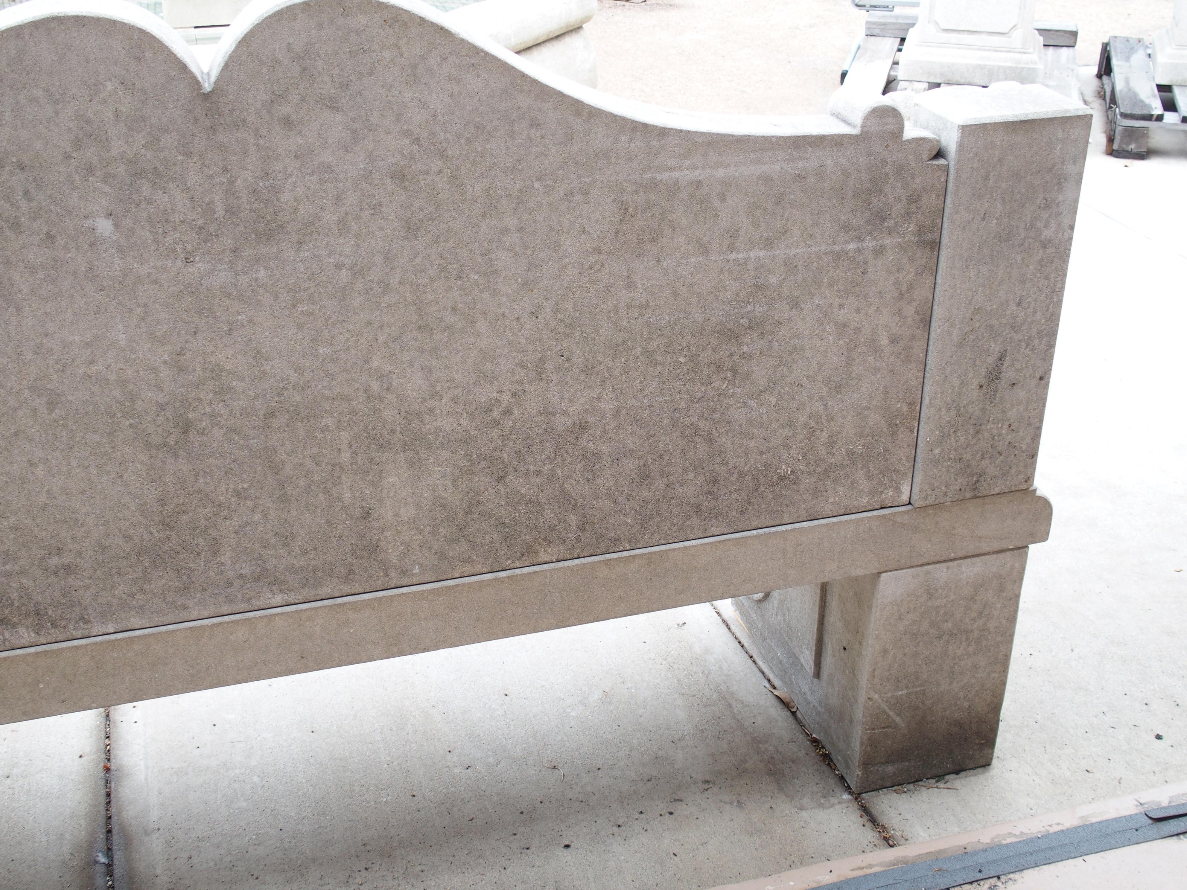 Contemporary Carved Italian Limestone Garden Bench with Fleur De Lys and Acanthus Decoration For Sale