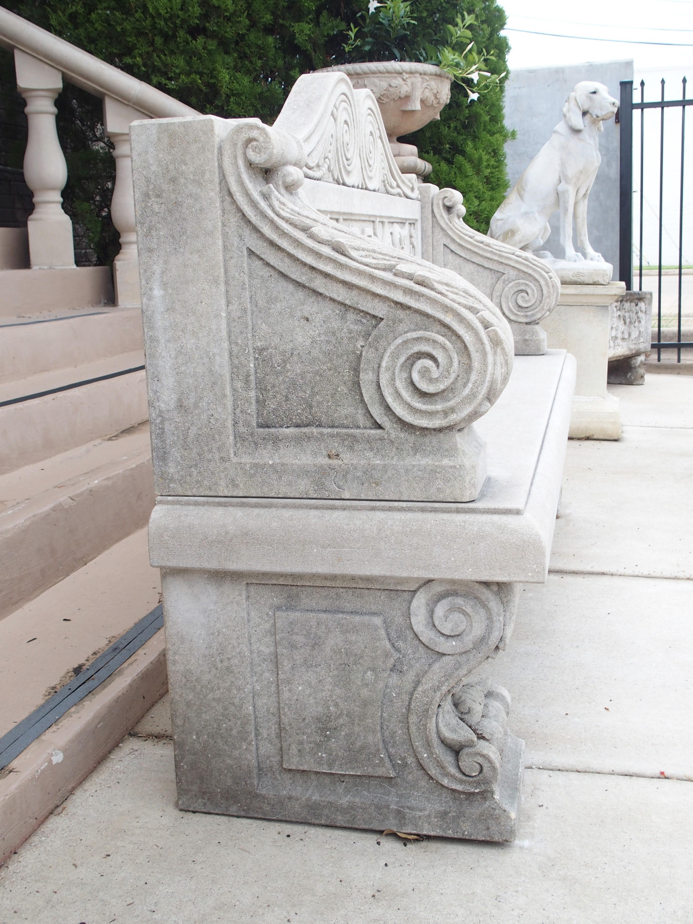 Stone Carved Italian Limestone Garden Bench with Fleur De Lys and Acanthus Decoration For Sale