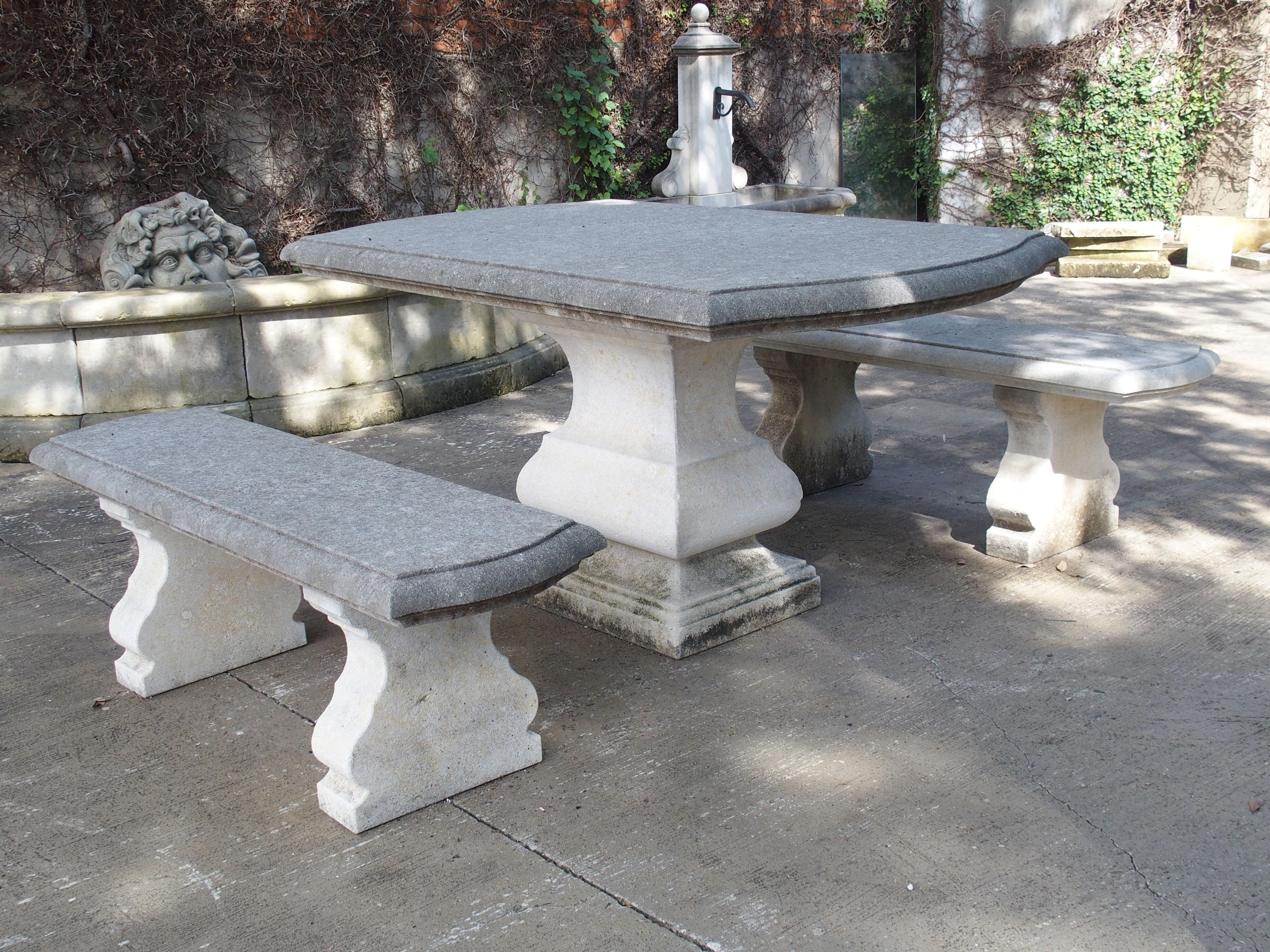 Carved Italian Limestone Garden Table with Matching Stone Benches 8