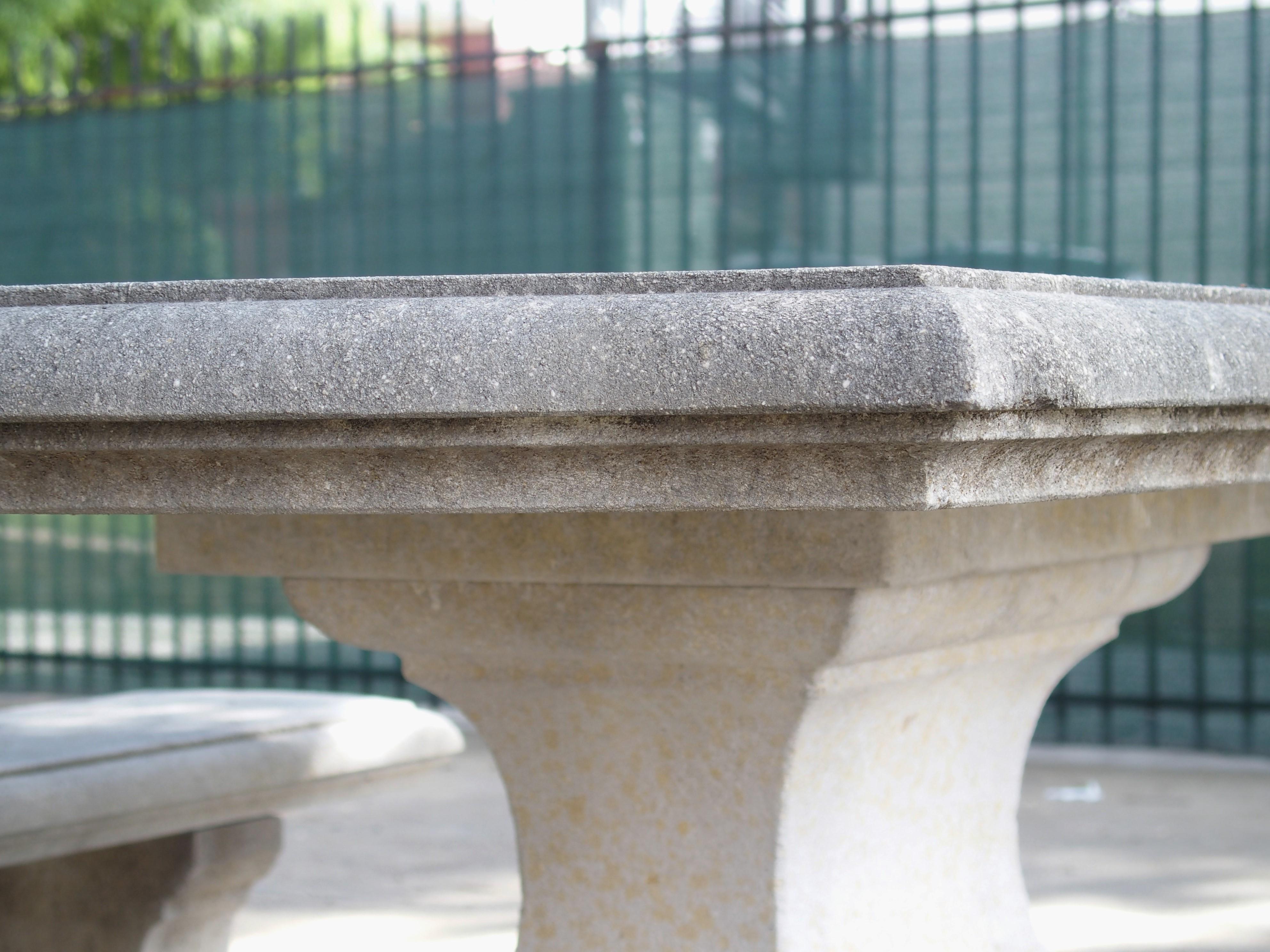 Hand-Carved Carved Italian Limestone Garden Table with Matching Stone Benches