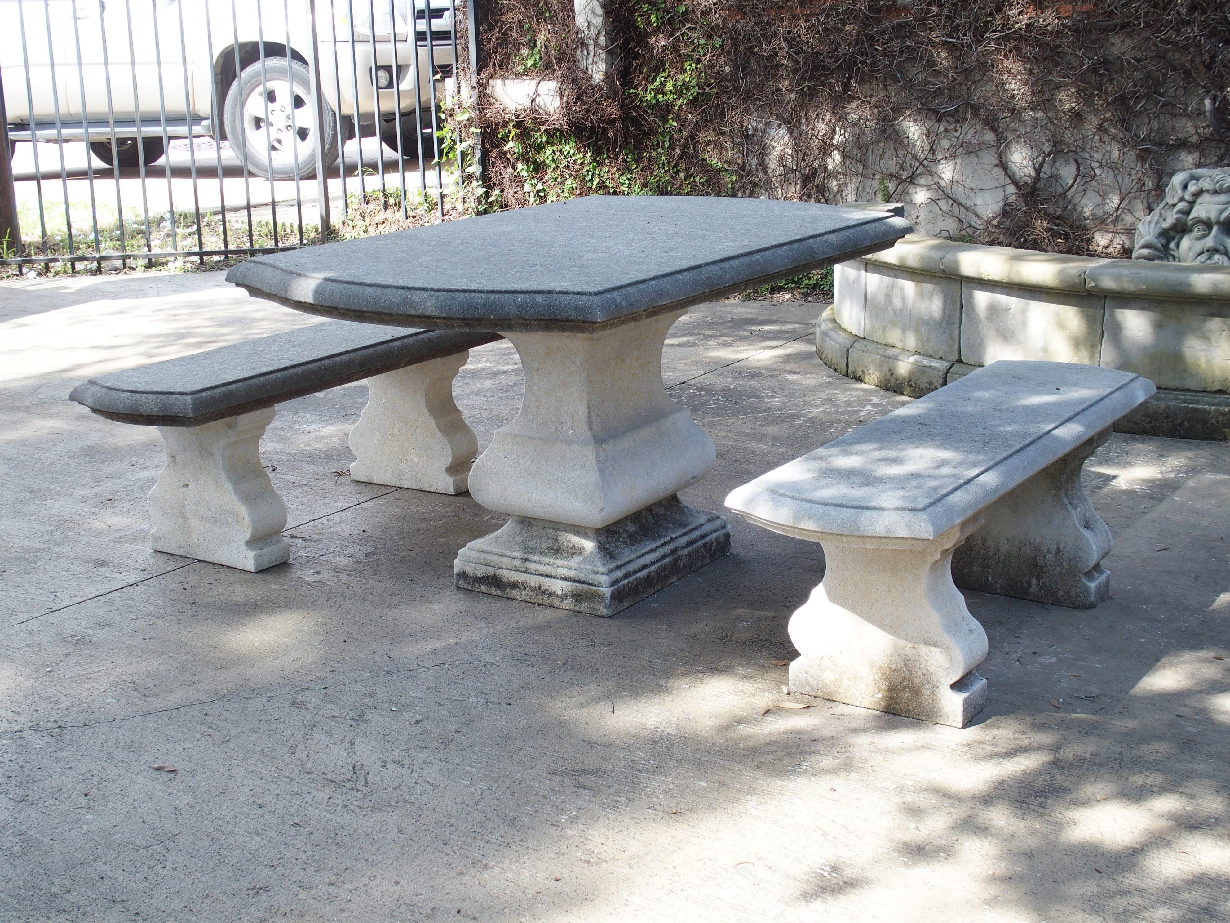 Carved Italian Limestone Garden Table with Matching Stone Benches In Good Condition In Dallas, TX