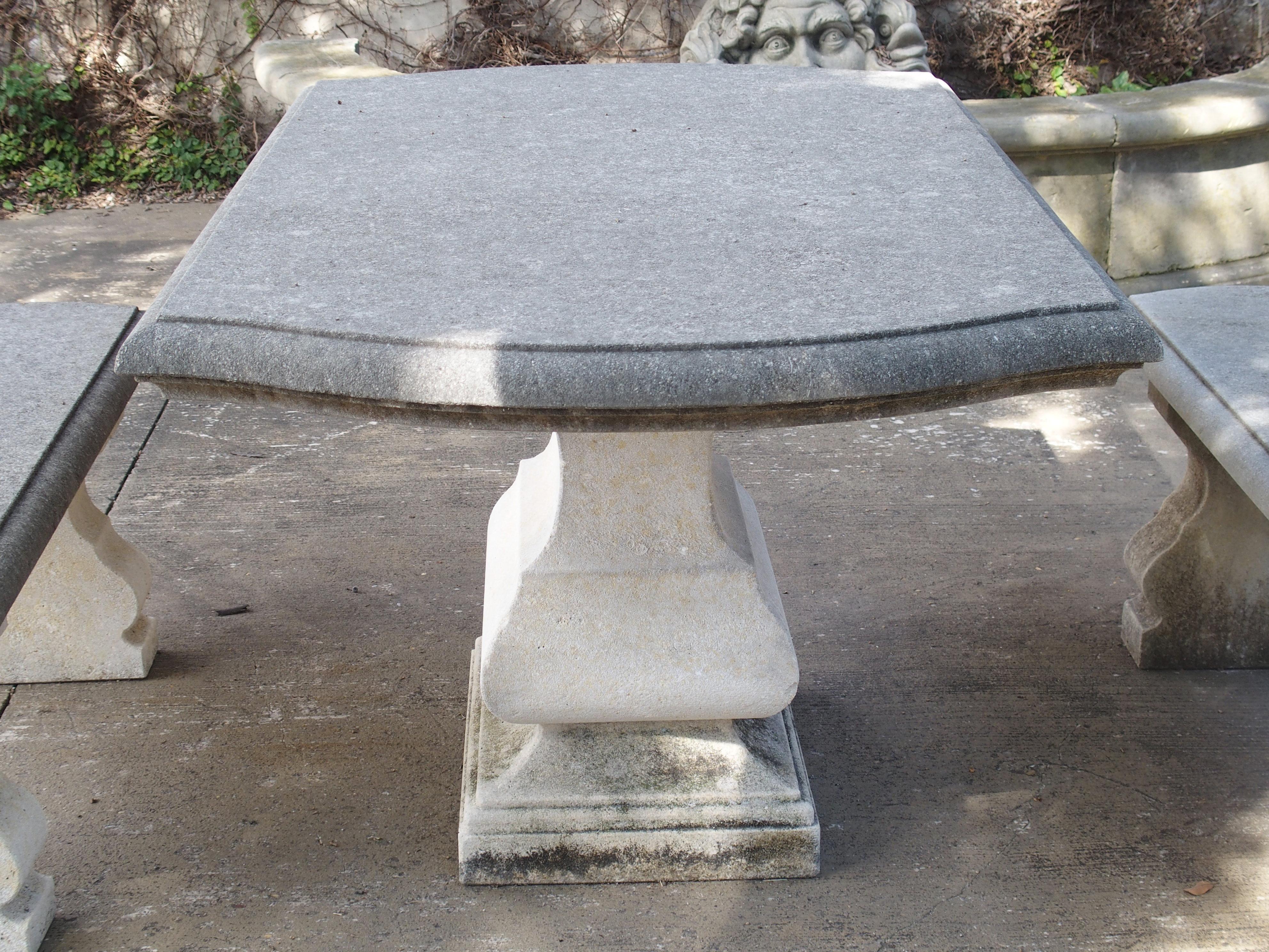 Contemporary Carved Italian Limestone Garden Table with Matching Stone Benches