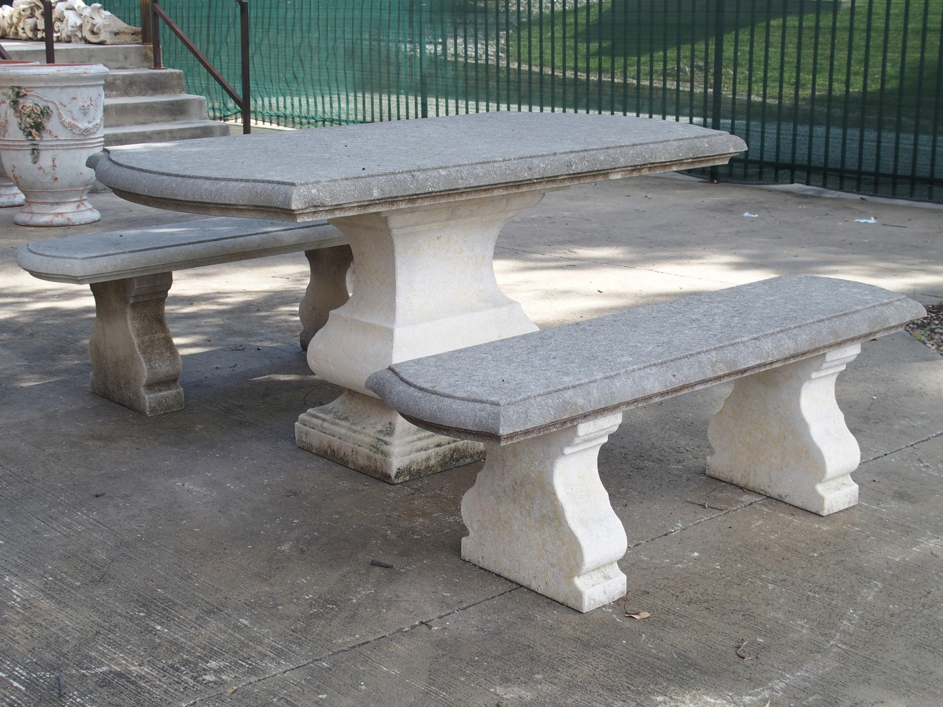 Carved Italian Limestone Garden Table with Matching Stone Benches 4