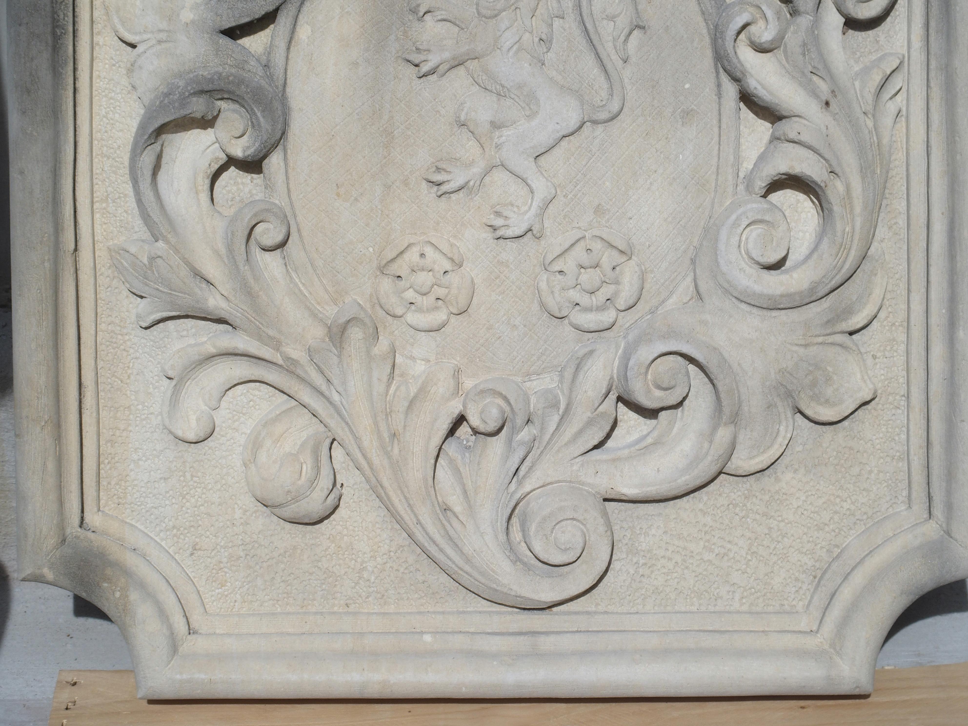 Carved Italian Limestone Plaque with Rampant Lion In Good Condition In Dallas, TX