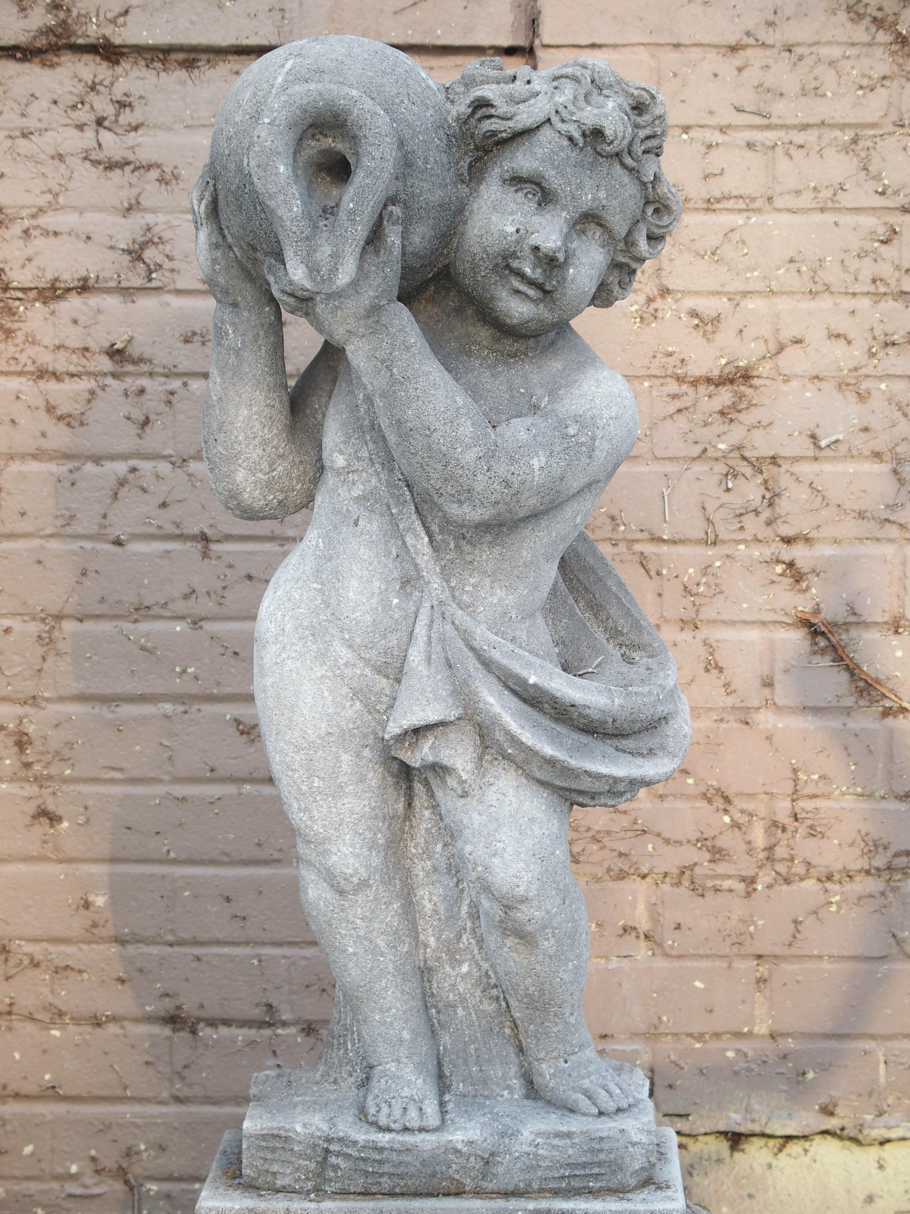 Contemporary Carved Italian Limestone Putti Fountain with Self Enclosed Basin