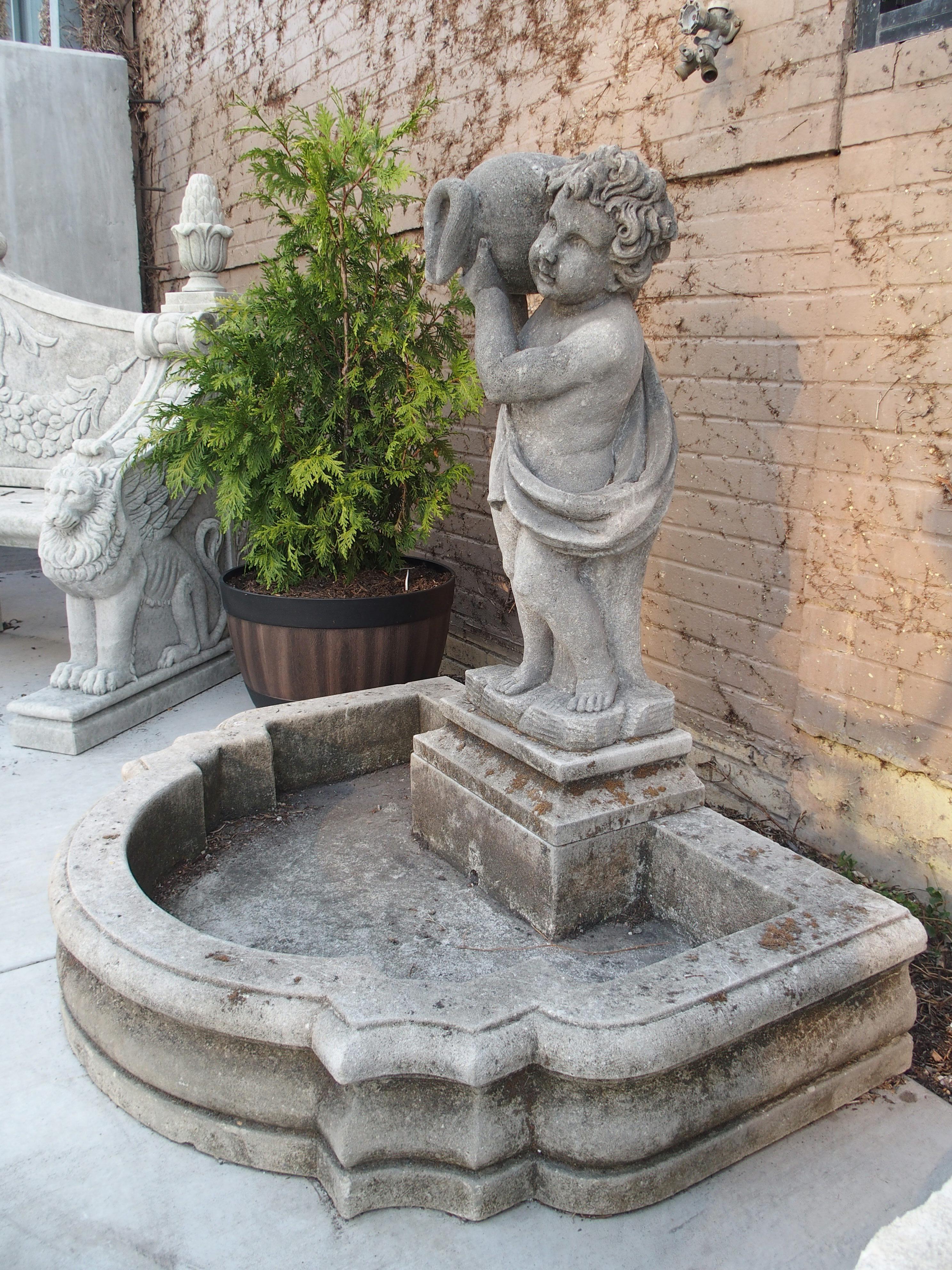 Carved Italian Limestone Putti Fountain with Self Enclosed Basin 1