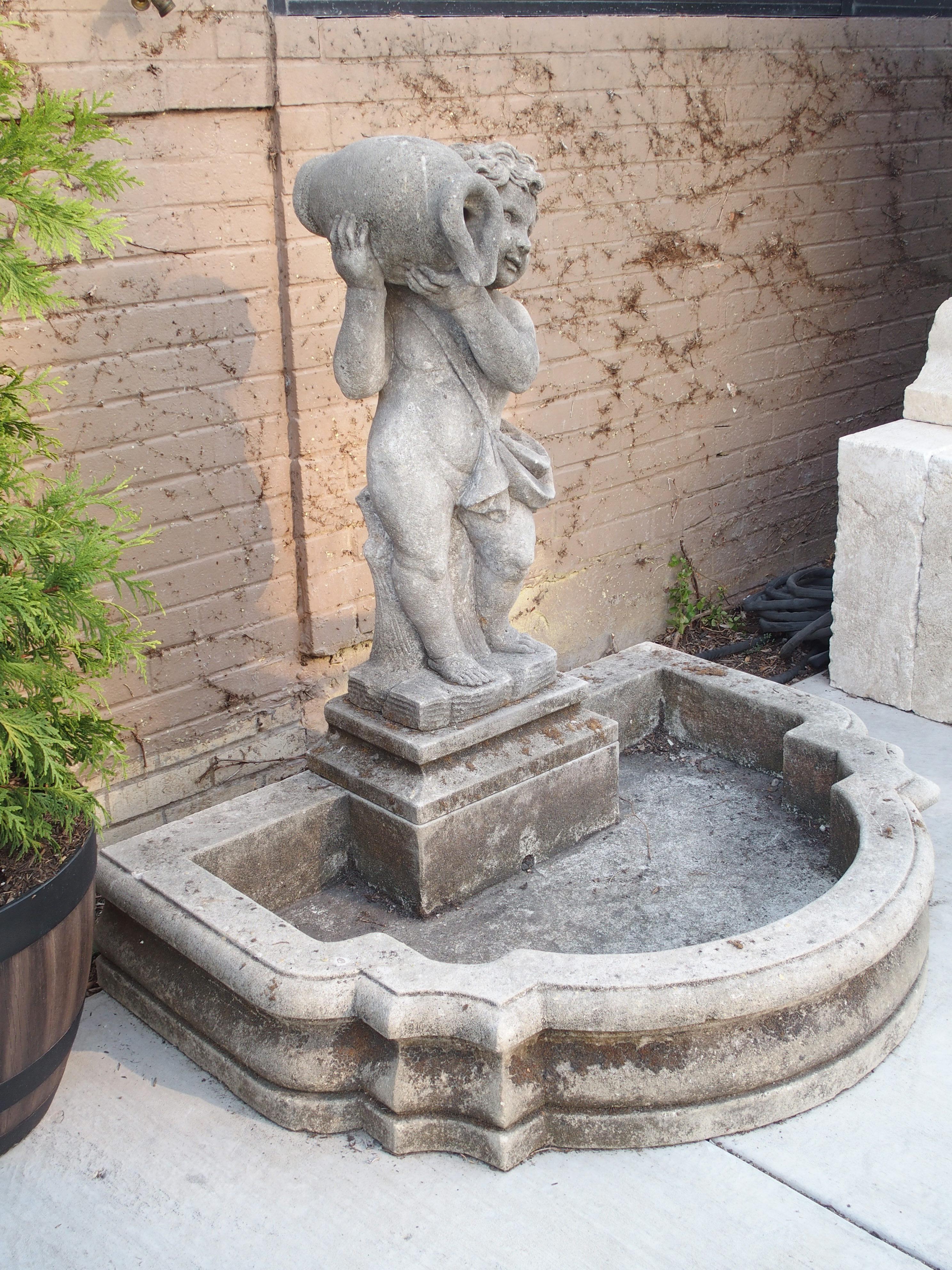 Carved Italian Limestone Putti Fountain with Self Enclosed Basin 2