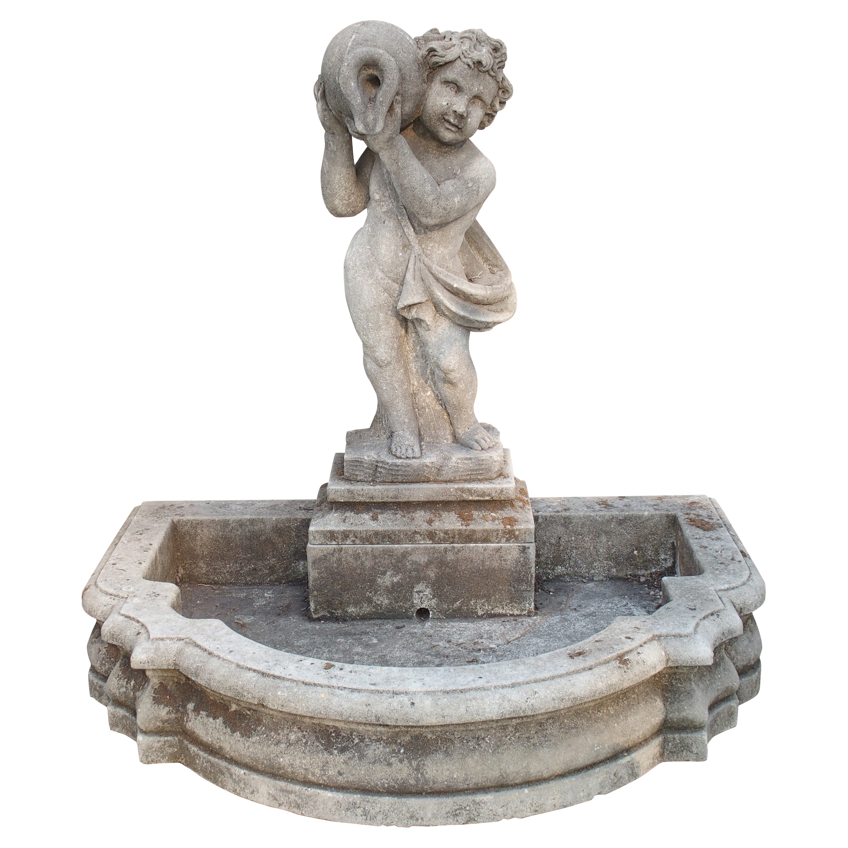Carved Italian Limestone Putti Fountain with Self Enclosed Basin