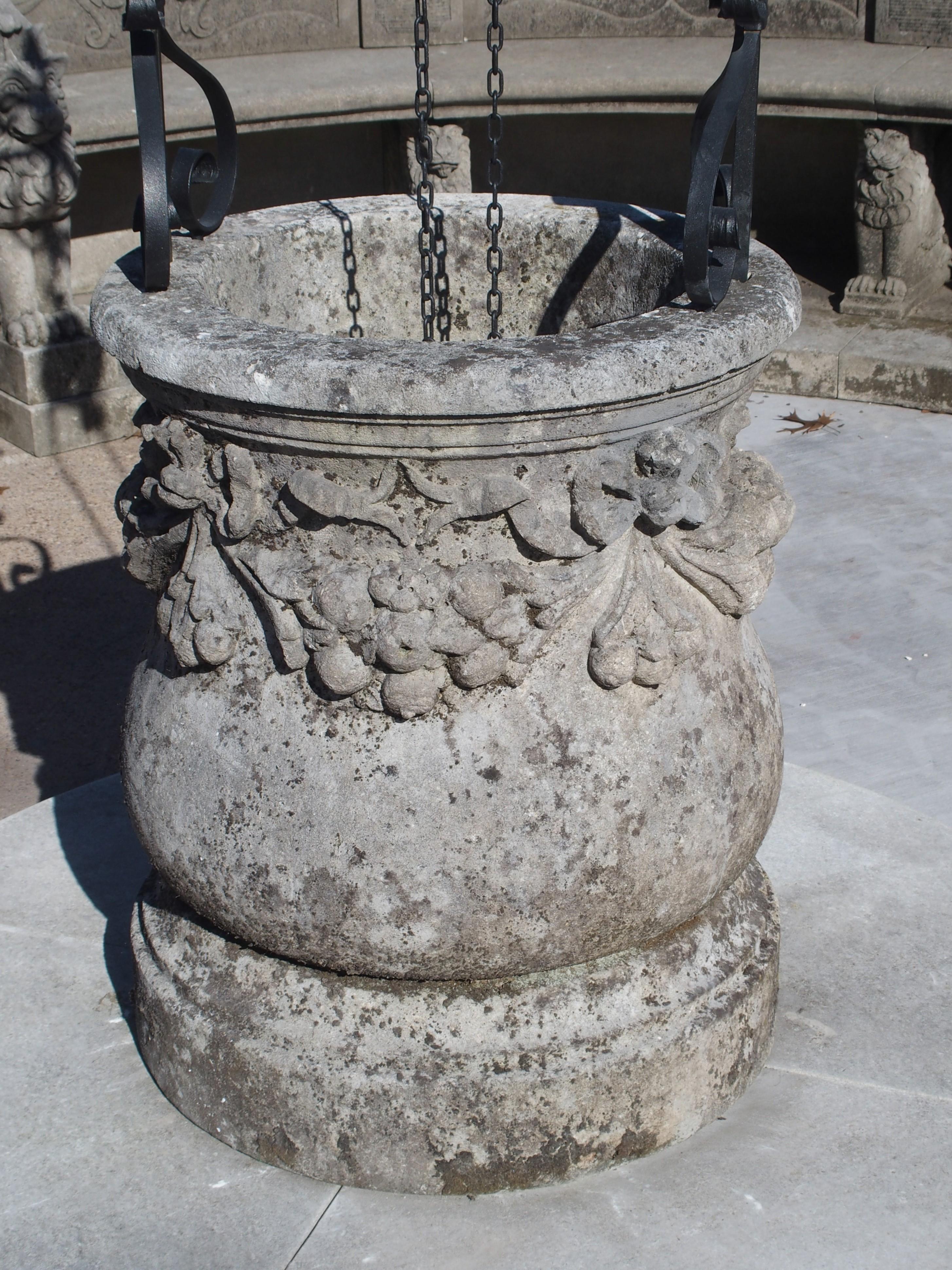 Carved Italian Limestone Well with Iron Overthrow 6